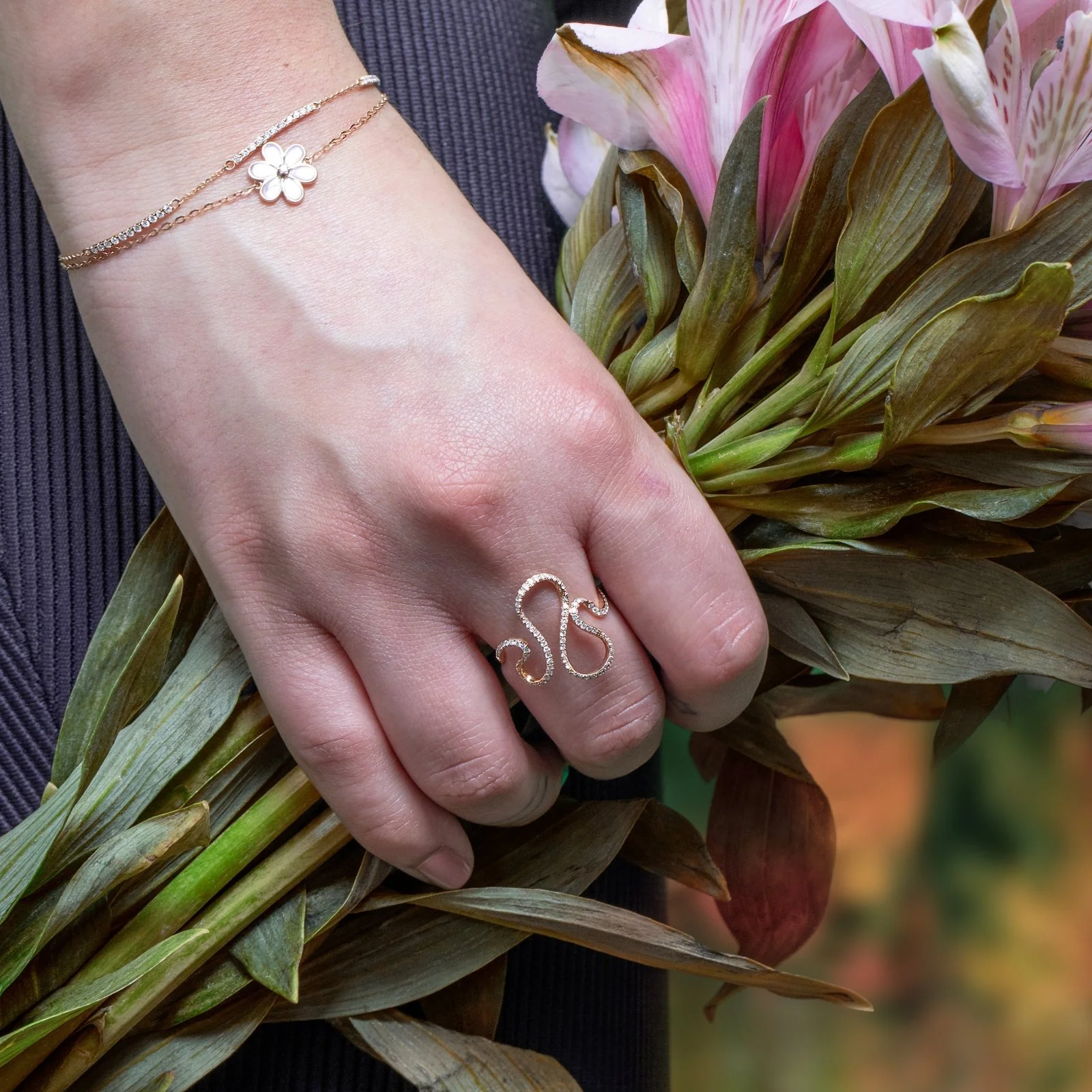 Diamond Wave Ring in Solid 14k Rose Gold - Image 3