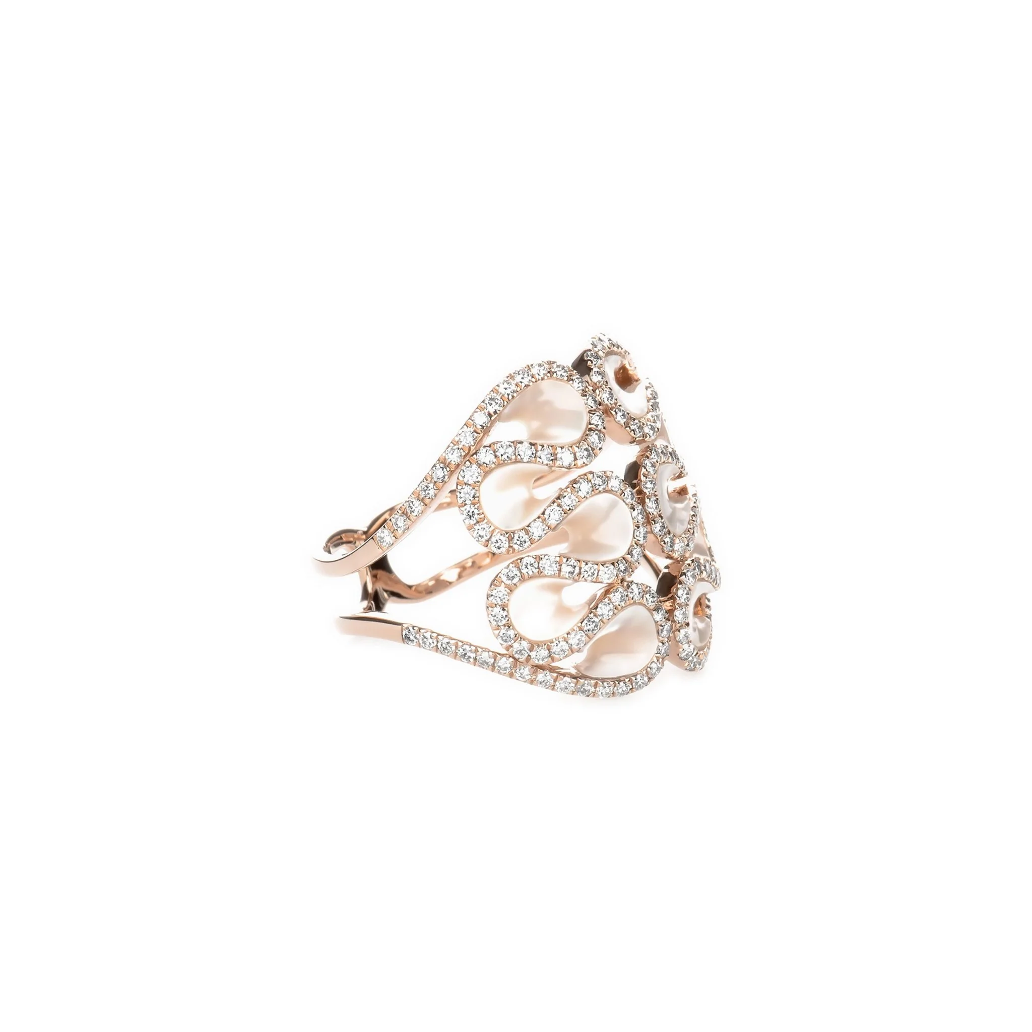 Abstract Swirl Mother Of Pearl and Diamond Cocktail Ring in Solid 14k Rose Gold