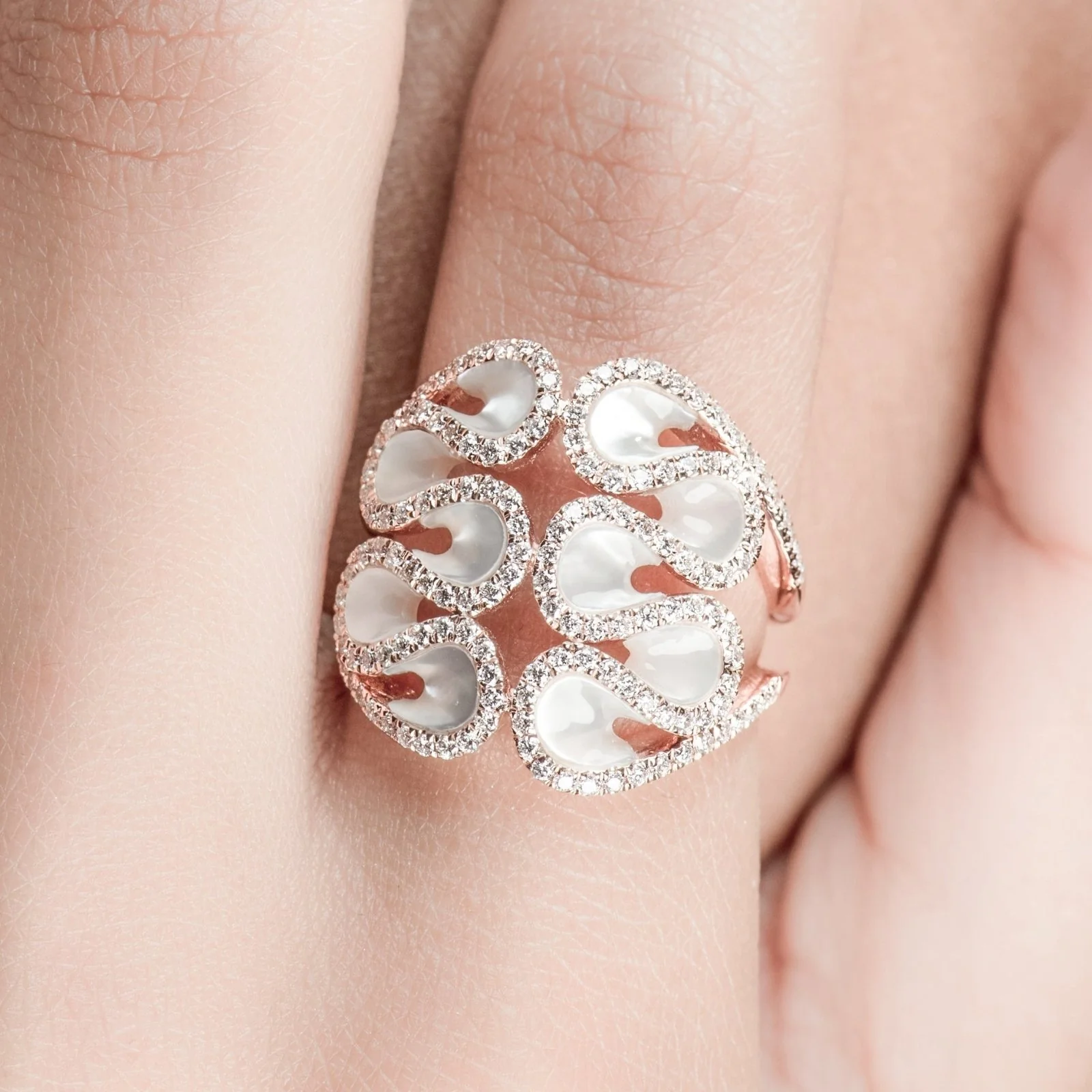 Abstract Swirl Mother Of Pearl and Diamond Cocktail Ring in Solid 14k Rose Gold - Image 2