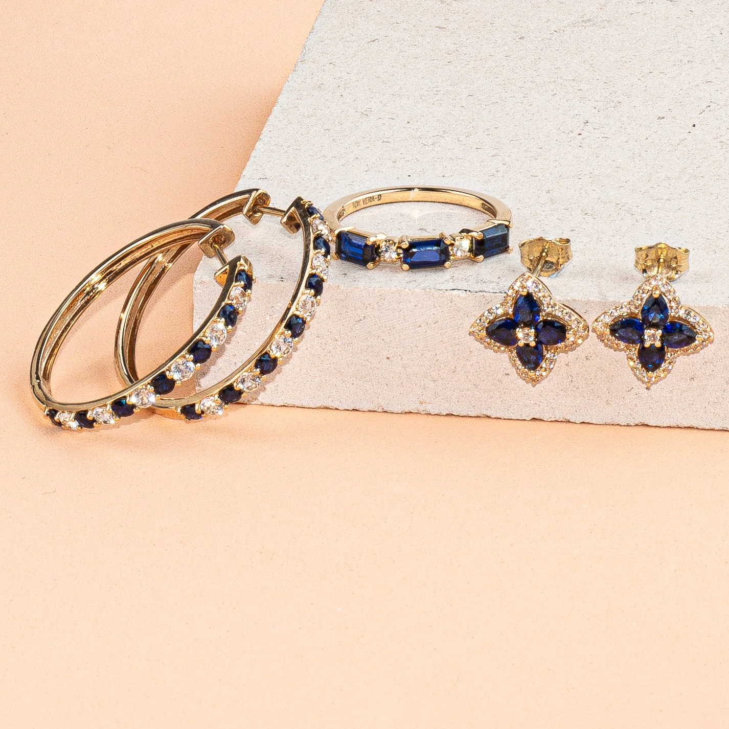 Yellow Gold Alternating Blue White Sapphire Hoop - Image 4