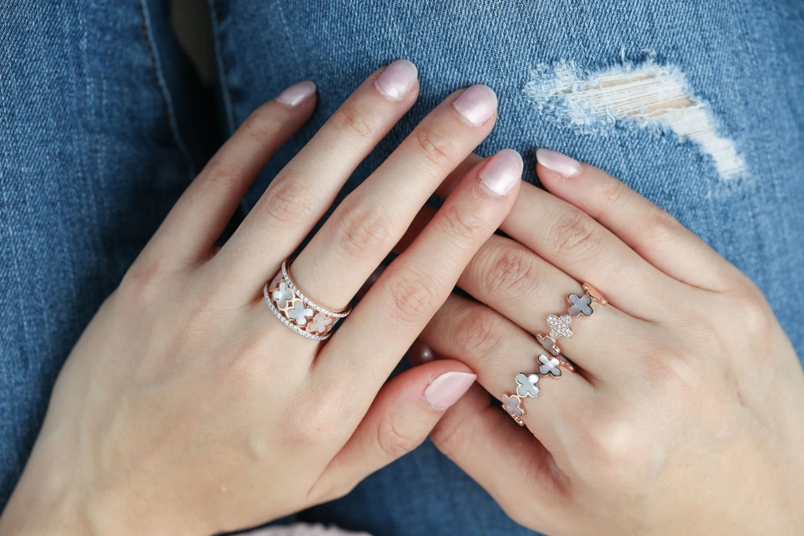 Alternating Diamond and Mother of Pearl Clover Eternity Ring in Solid 14k Rose Gold - Image 7