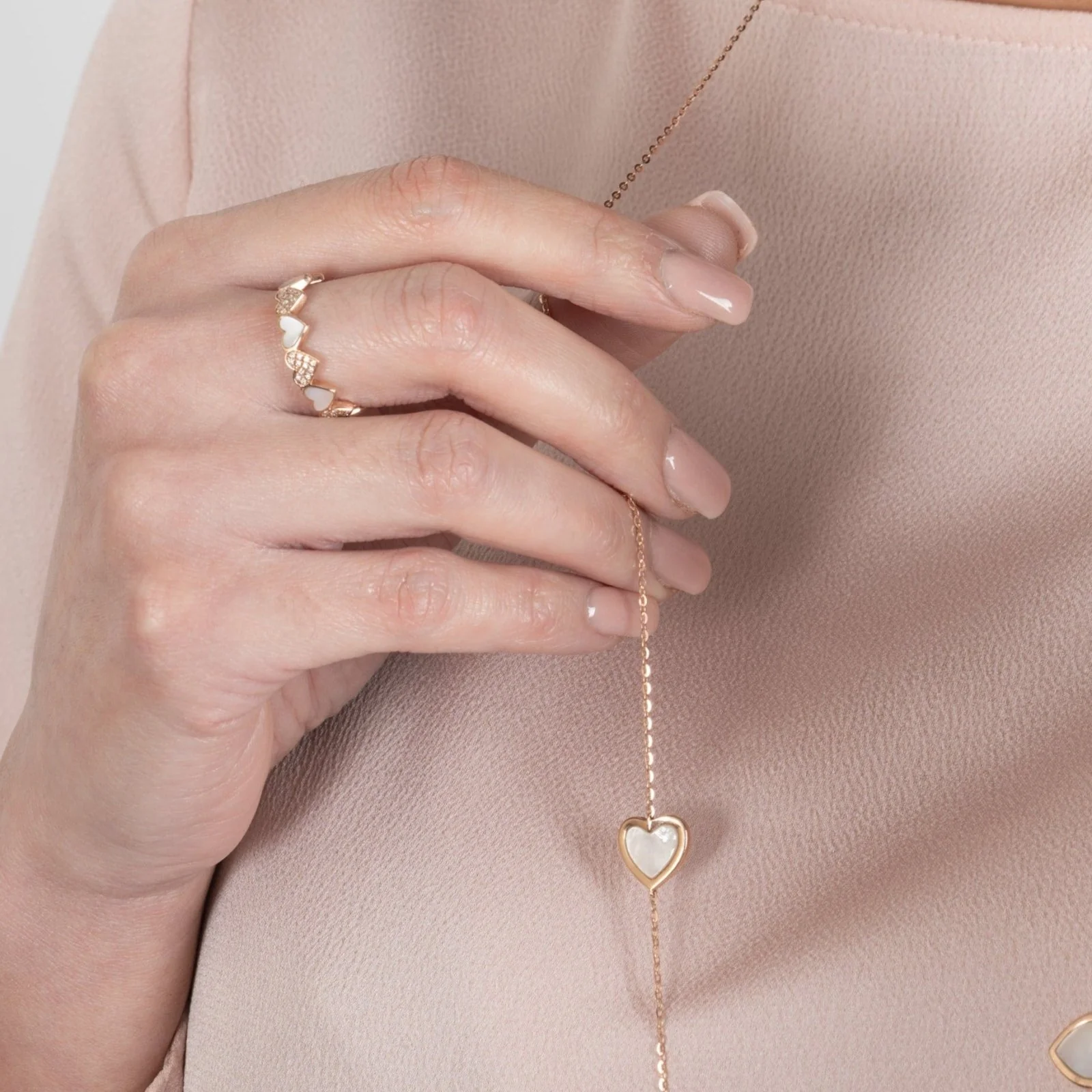 Alternating Diamond and Mother of Pearl Heart Eternity Band in Solid 14k Rose Gold - Image 11