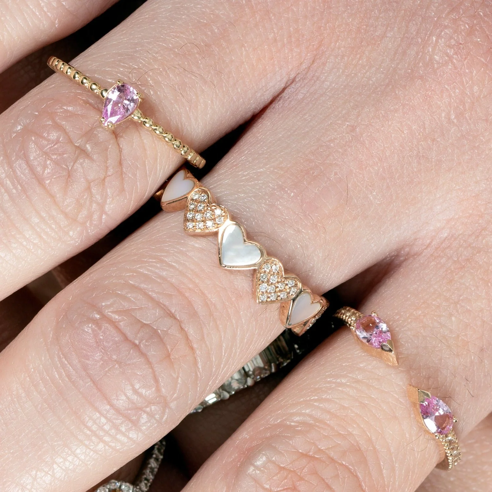 Alternating Diamond and Mother of Pearl Heart Eternity Band in Solid 14k Rose Gold - Image 12
