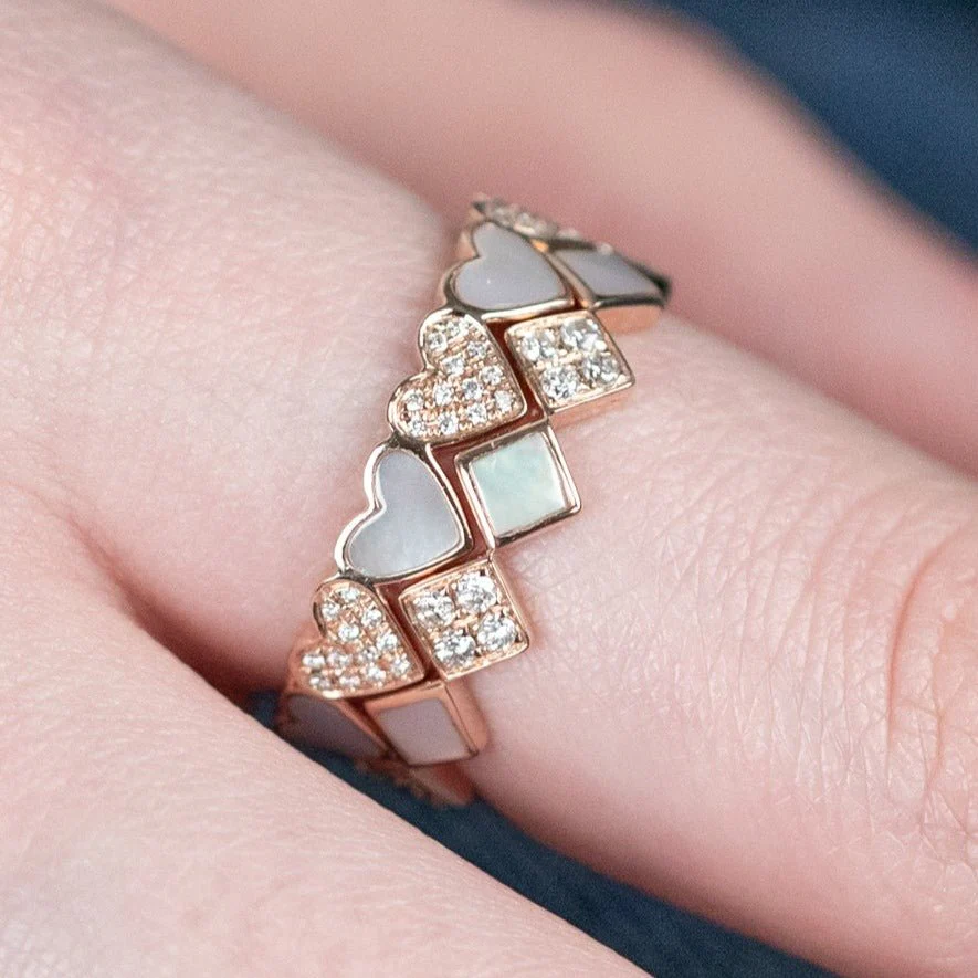 Alternating Diamond and Mother of Pearl Heart Eternity Band in Solid 14k Rose Gold - Image 13