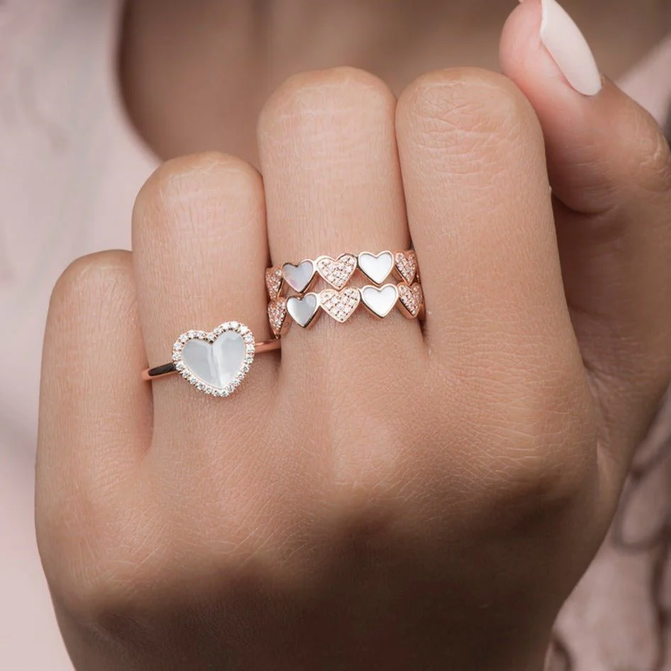 Alternating Diamond and Mother of Pearl Heart Eternity Band in Solid 14k Rose Gold - Image 14