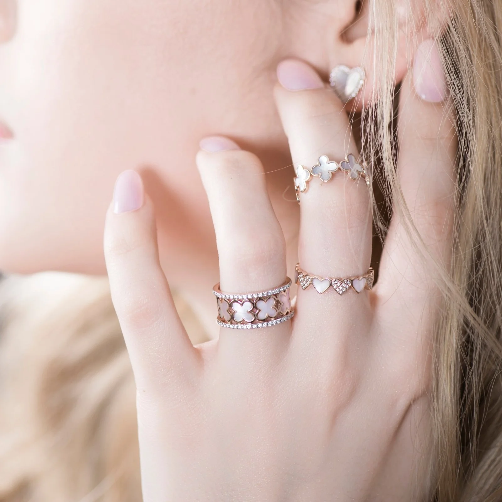 Alternating Diamond and Mother of Pearl Heart Eternity Band in Solid 14k Rose Gold - Image 16