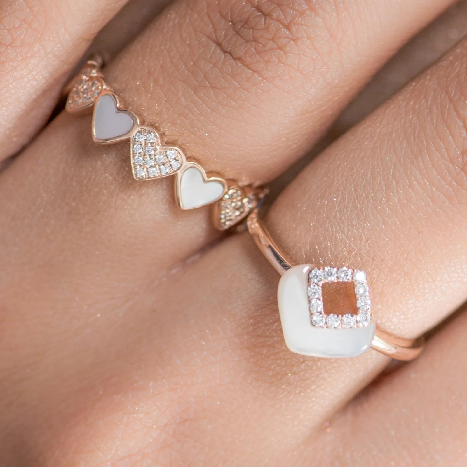 Alternating Diamond and Mother of Pearl Heart Eternity Band in Solid 14k Rose Gold - Image 2