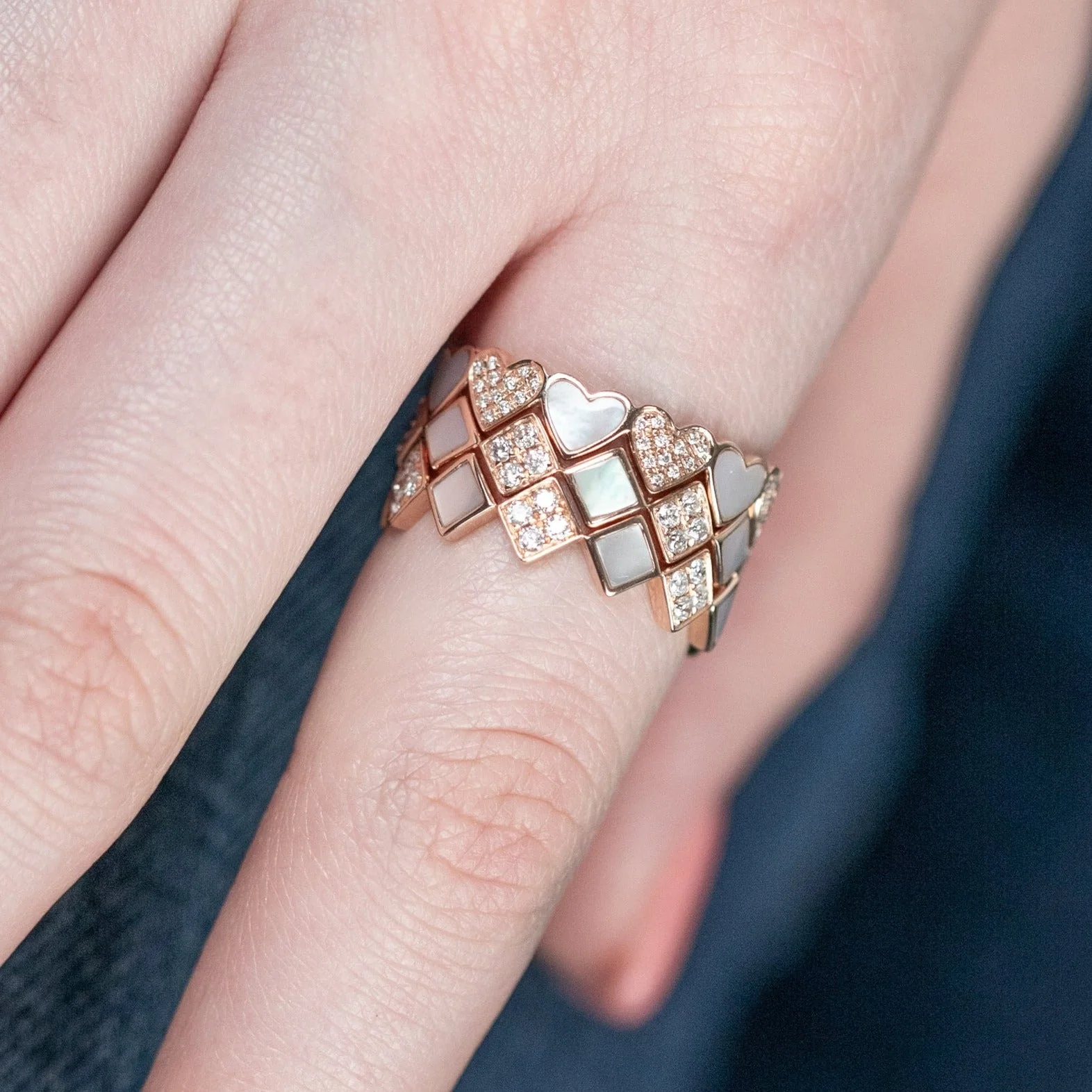 Alternating Diamond and Mother of Pearl Heart Eternity Band in Solid 14k Rose Gold - Image 4