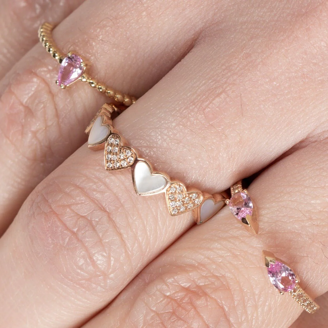 Alternating Diamond and Mother of Pearl Heart Eternity Band in Solid 14k Rose Gold - Image 5