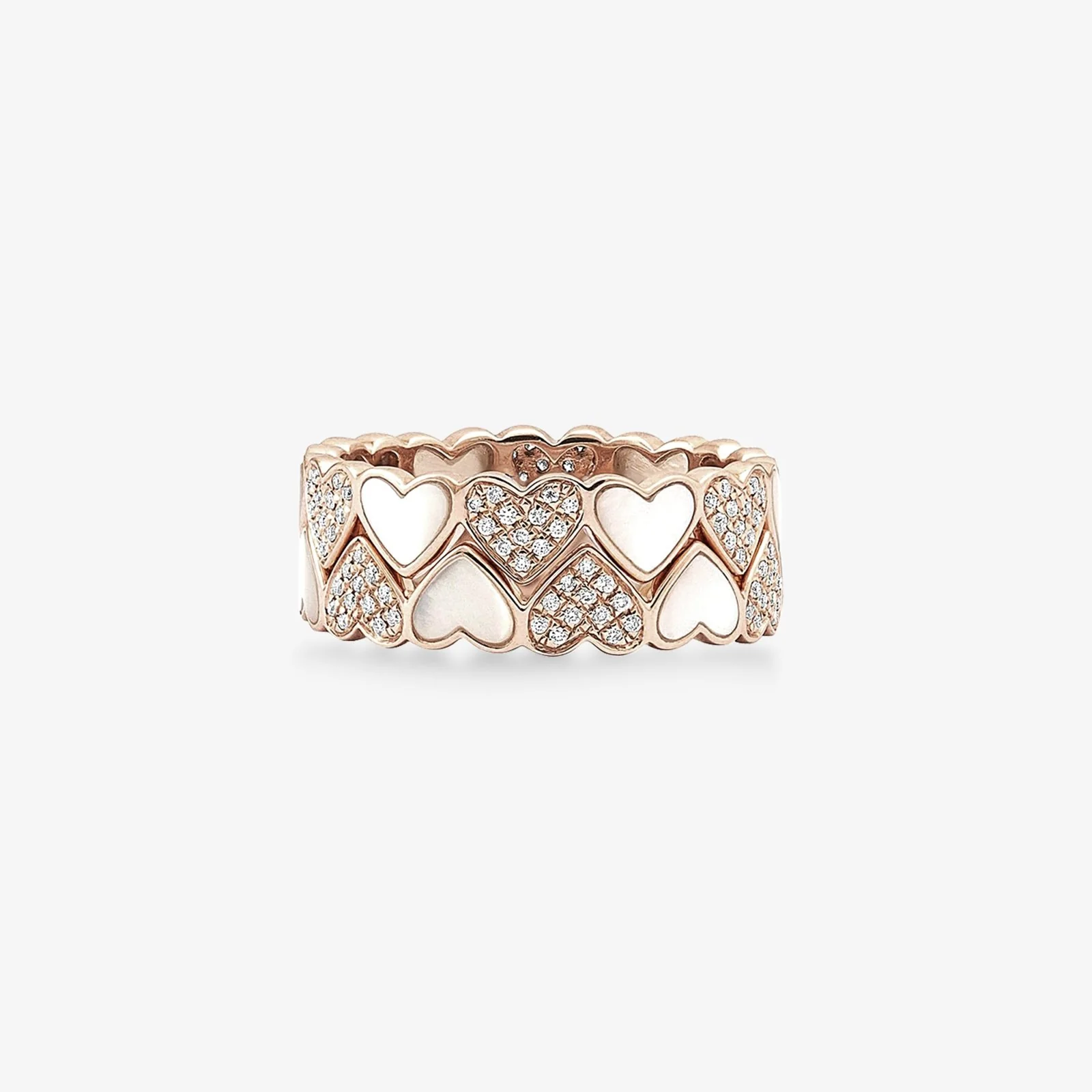 Alternating Diamond and Mother of Pearl Heart Eternity Band in Solid 14k Rose Gold - Image 6