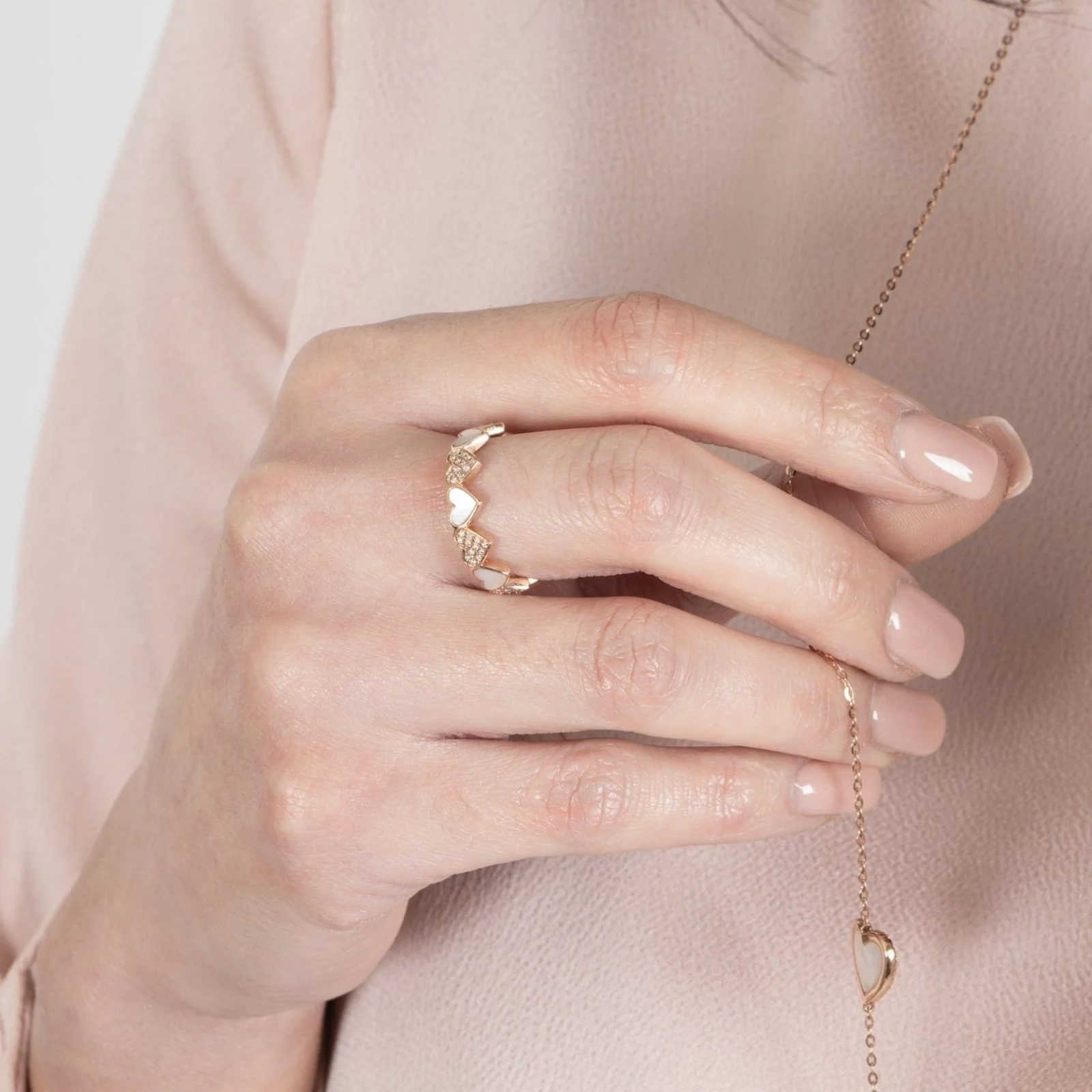 Alternating Diamond and Mother of Pearl Heart Eternity Band in Solid 14k Rose Gold - Image 7