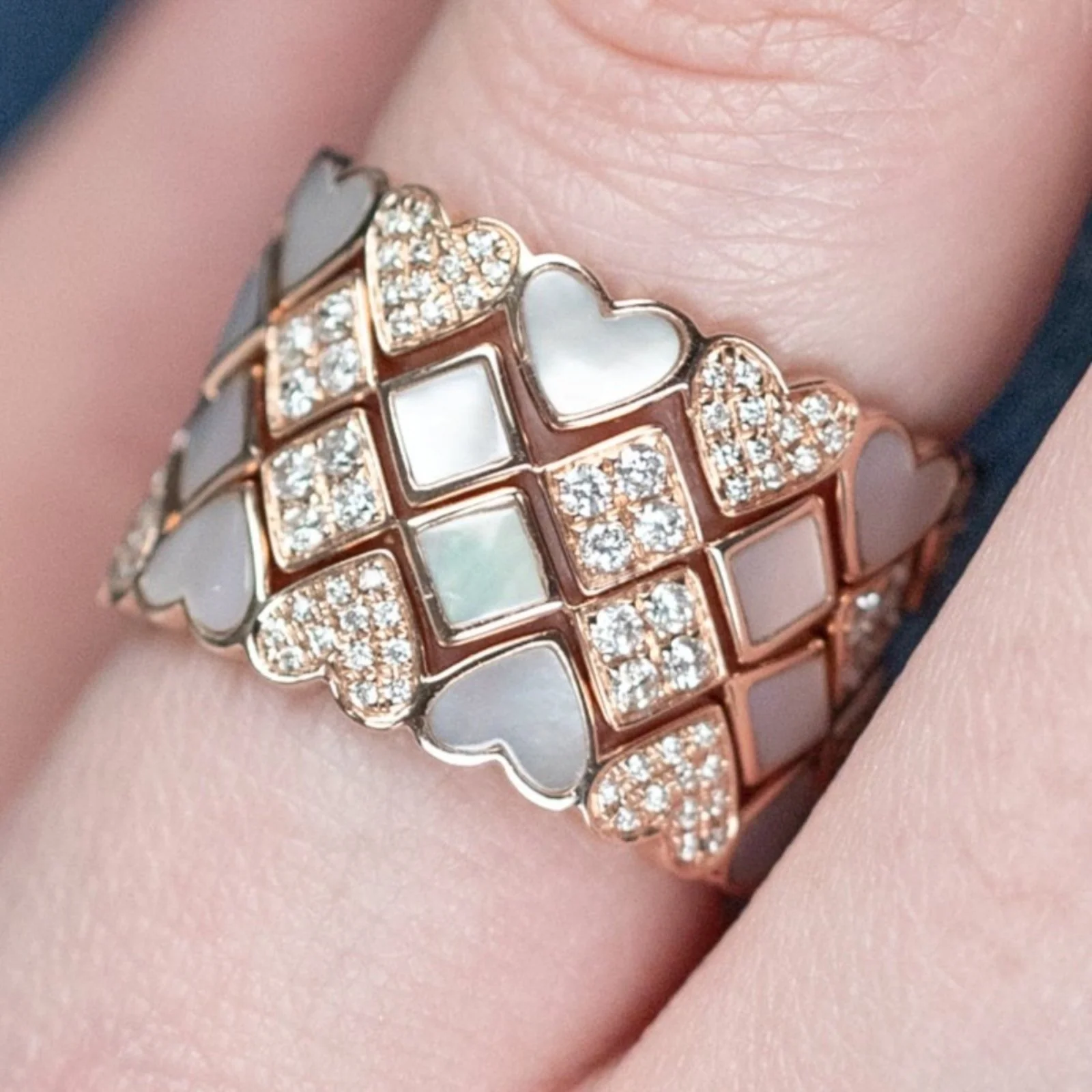 Alternating Diamond and Mother of Pearl Heart Eternity Band in Solid 14k Rose Gold - Image 8