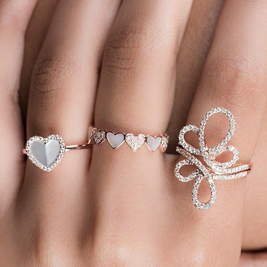 Alternating Diamond and Mother of Pearl Heart Eternity Band in Solid 14k Rose Gold - Image 9
