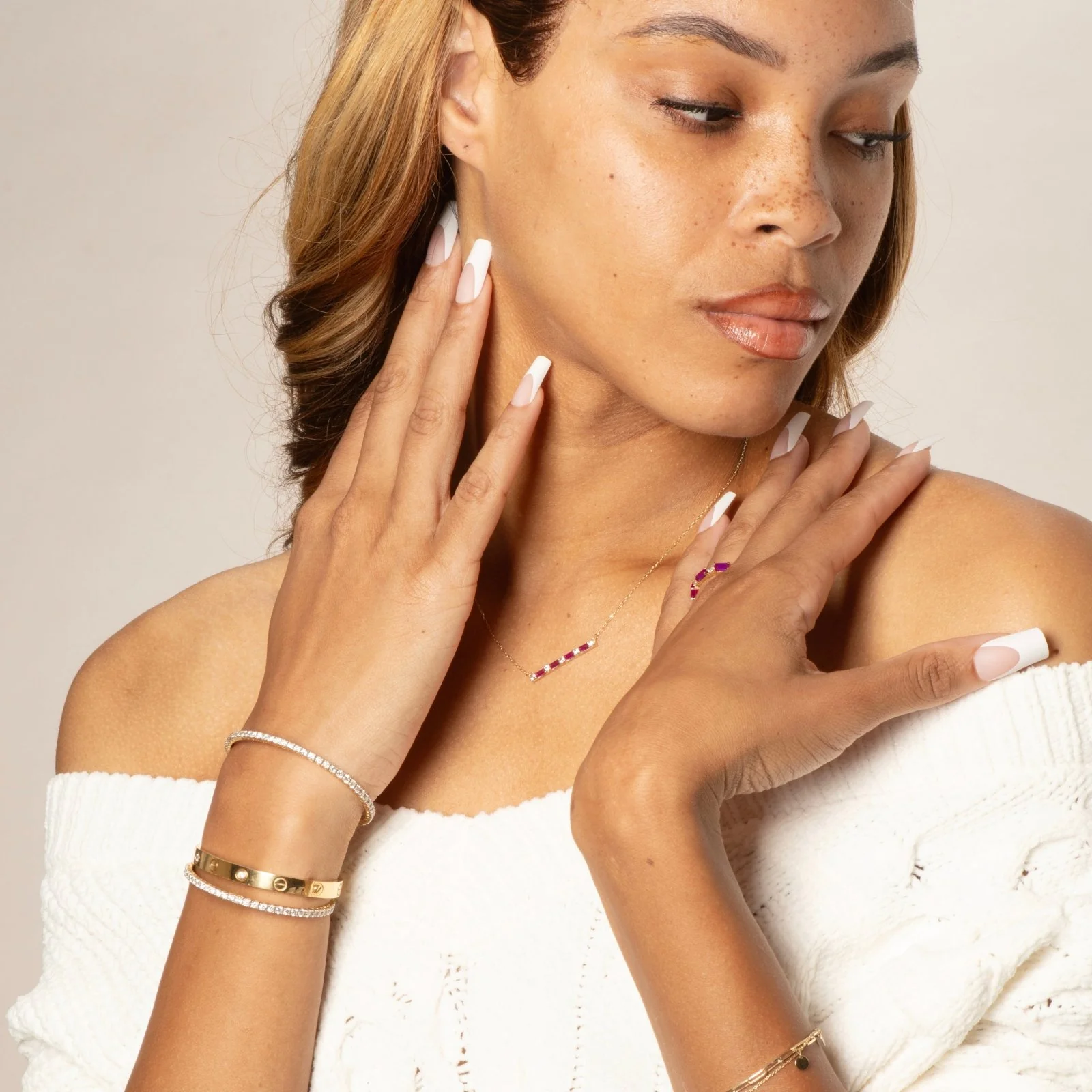 Yellow Gold Ruby Bar White Sapphire Pavé Necklace - Image 11