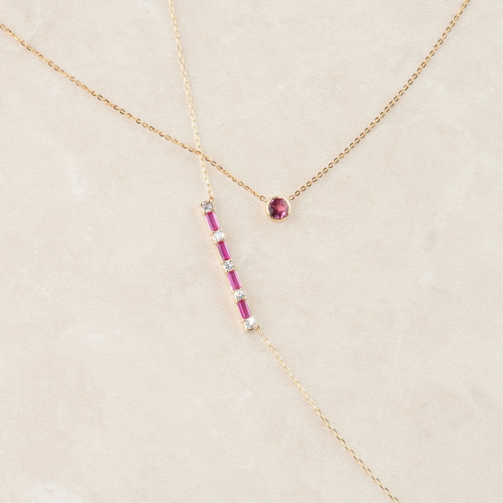 Yellow Gold Ruby Bar White Sapphire Pavé Necklace - Image 12