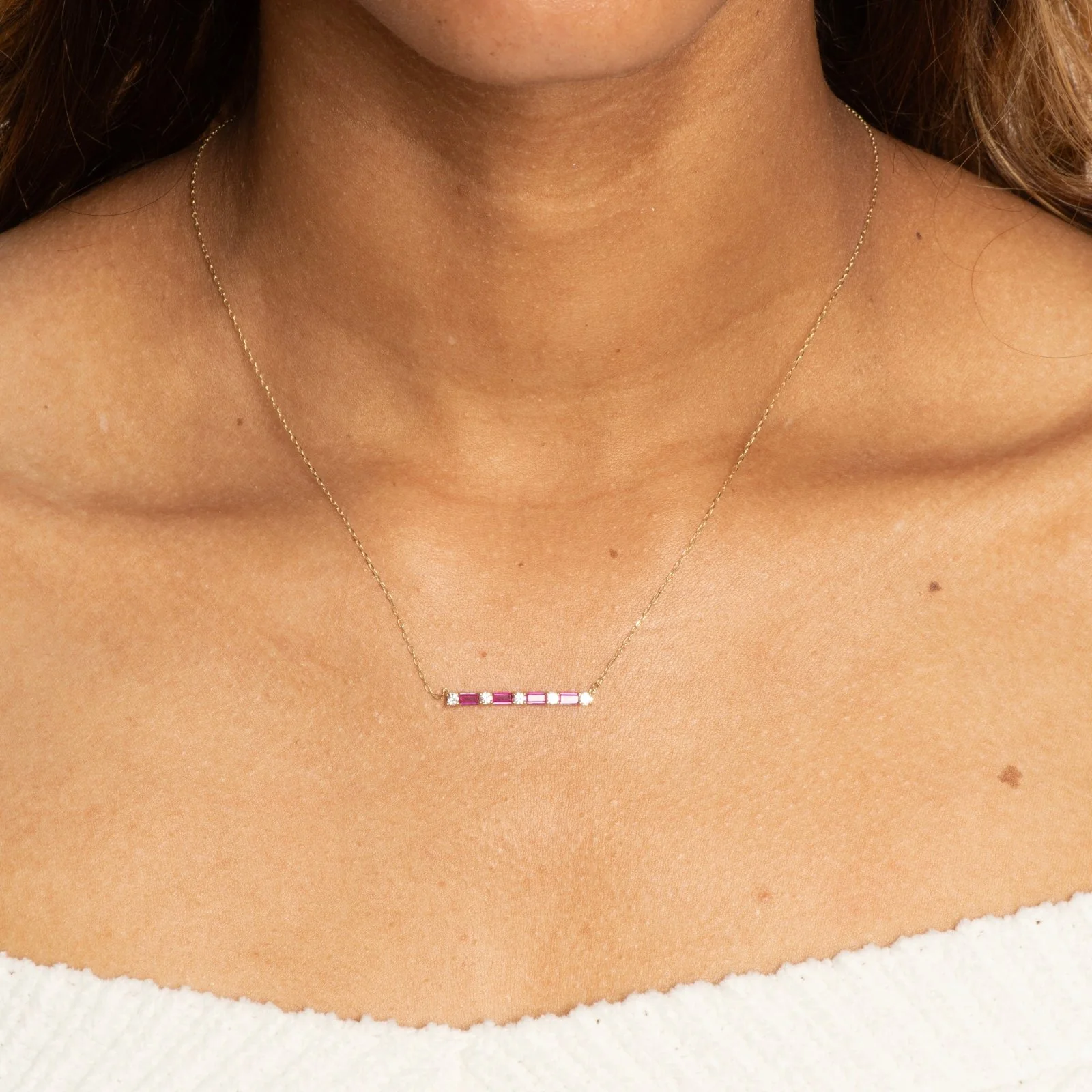 Yellow Gold Ruby Bar White Sapphire Pavé Necklace - Image 15