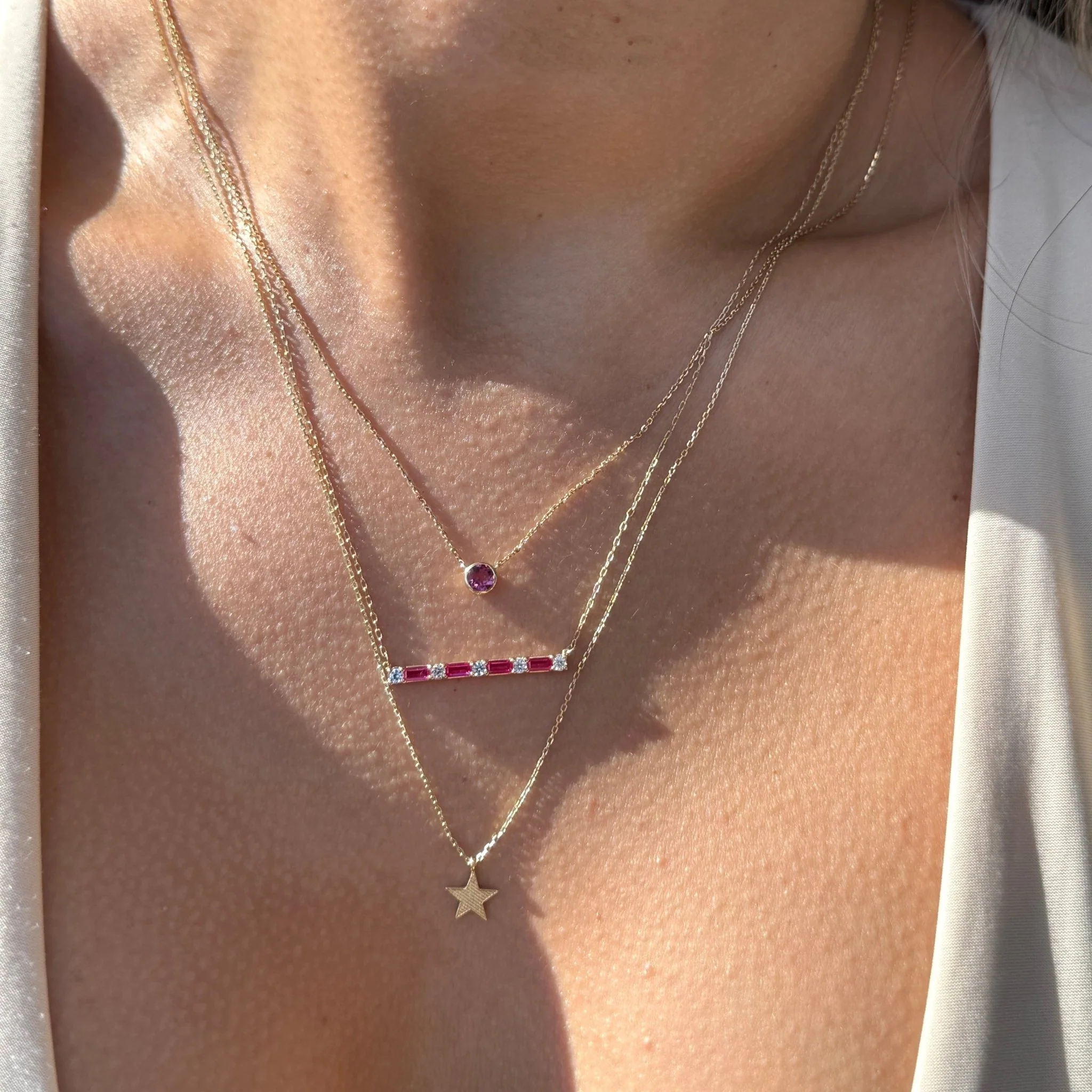 Yellow Gold Ruby Bar White Sapphire Pavé Necklace - Image 2