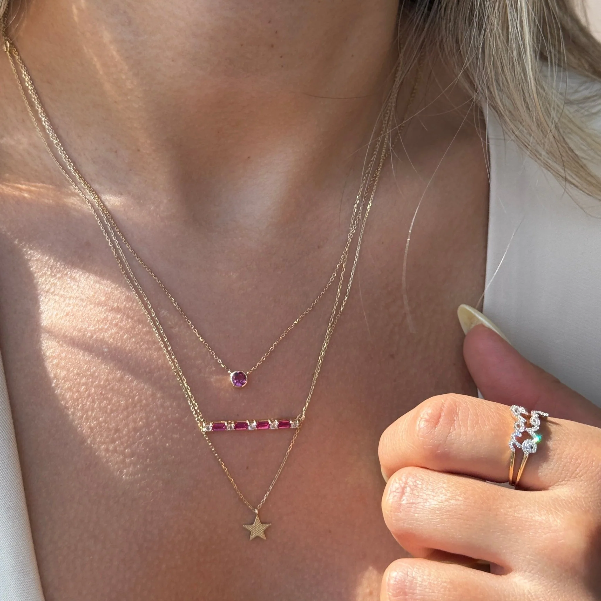 Yellow Gold Ruby Bar White Sapphire Pavé Necklace - Image 5