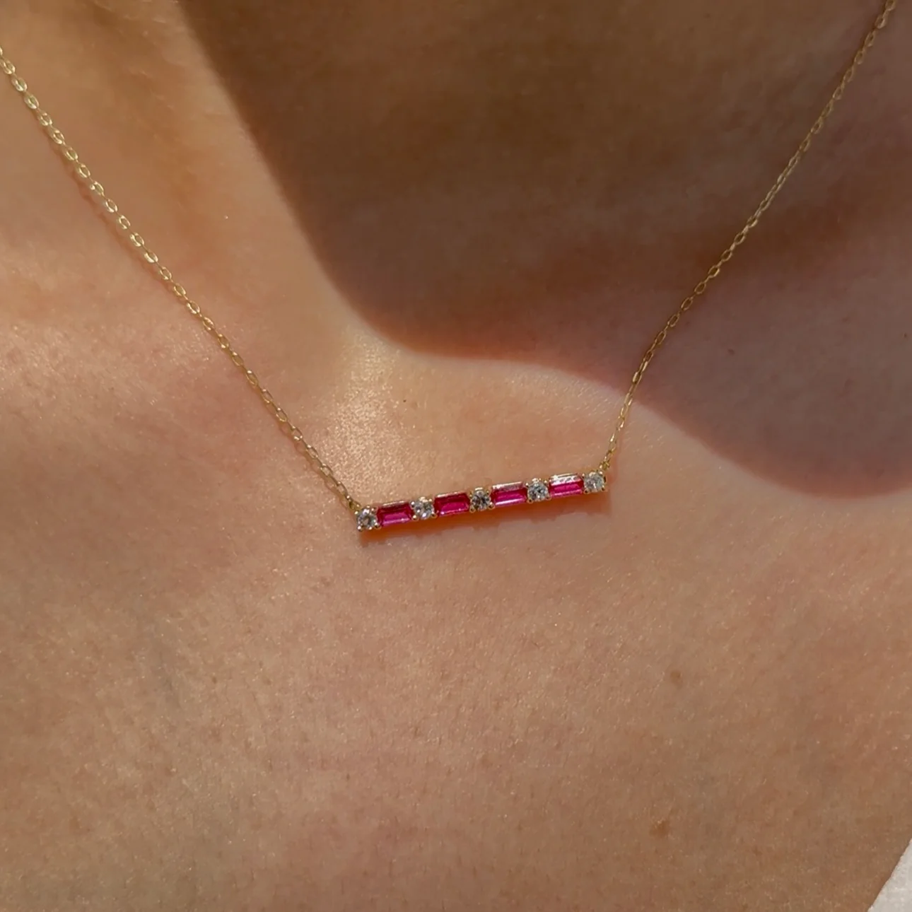 Yellow Gold Ruby Bar White Sapphire Pavé Necklace - Image 6