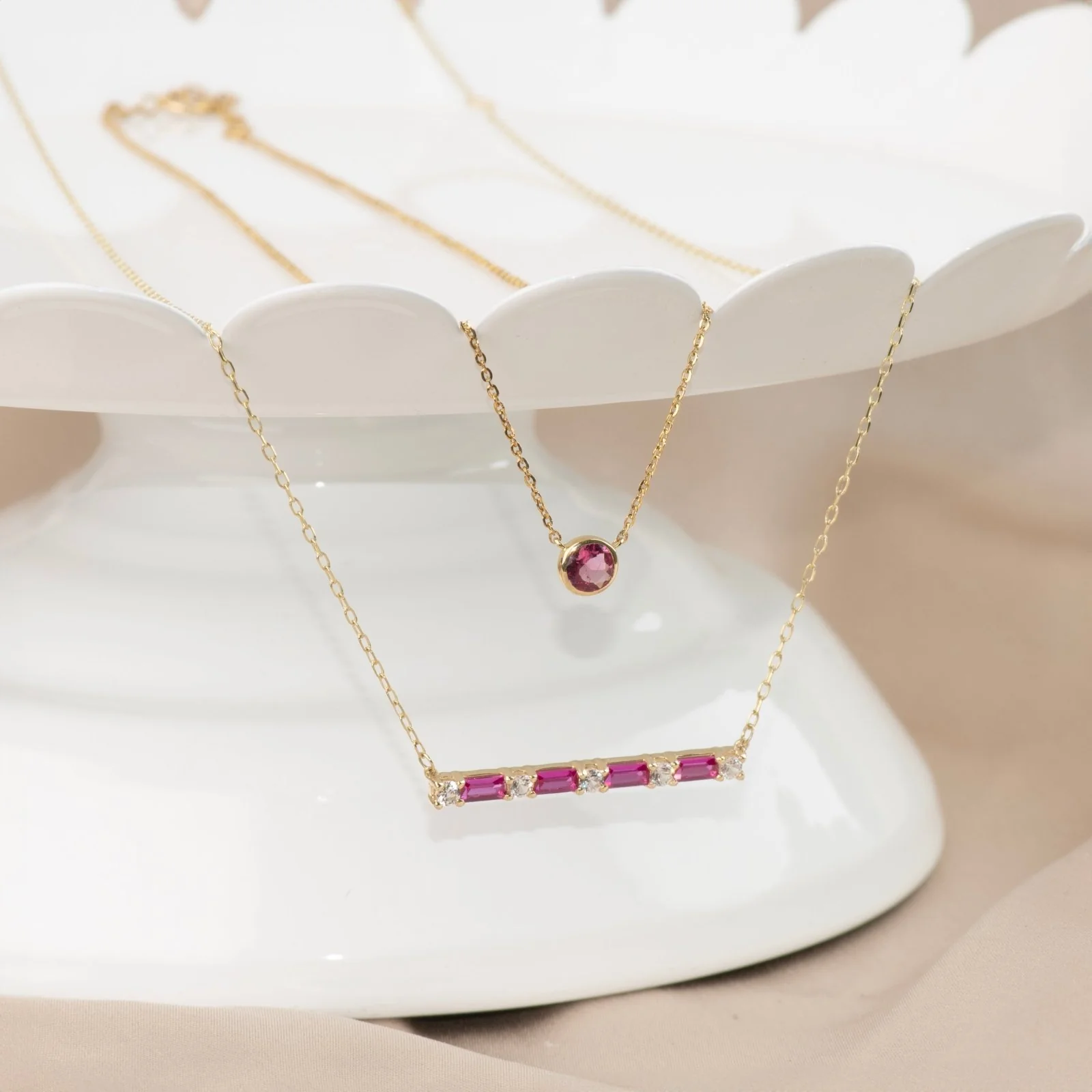Yellow Gold Ruby Bar White Sapphire Pavé Necklace - Image 9