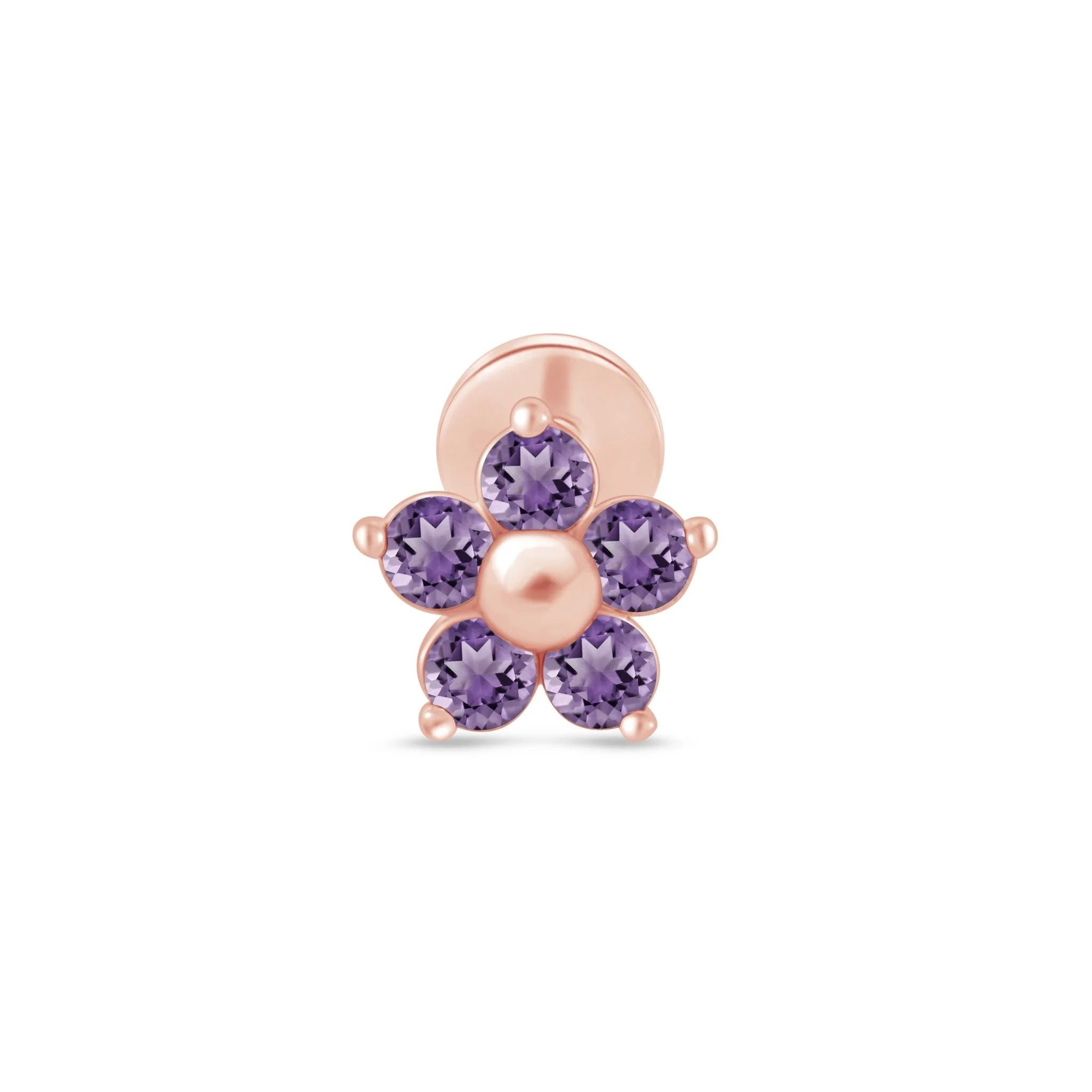 Rose Gold Amethyst Flower Threaded Flat Back Earring