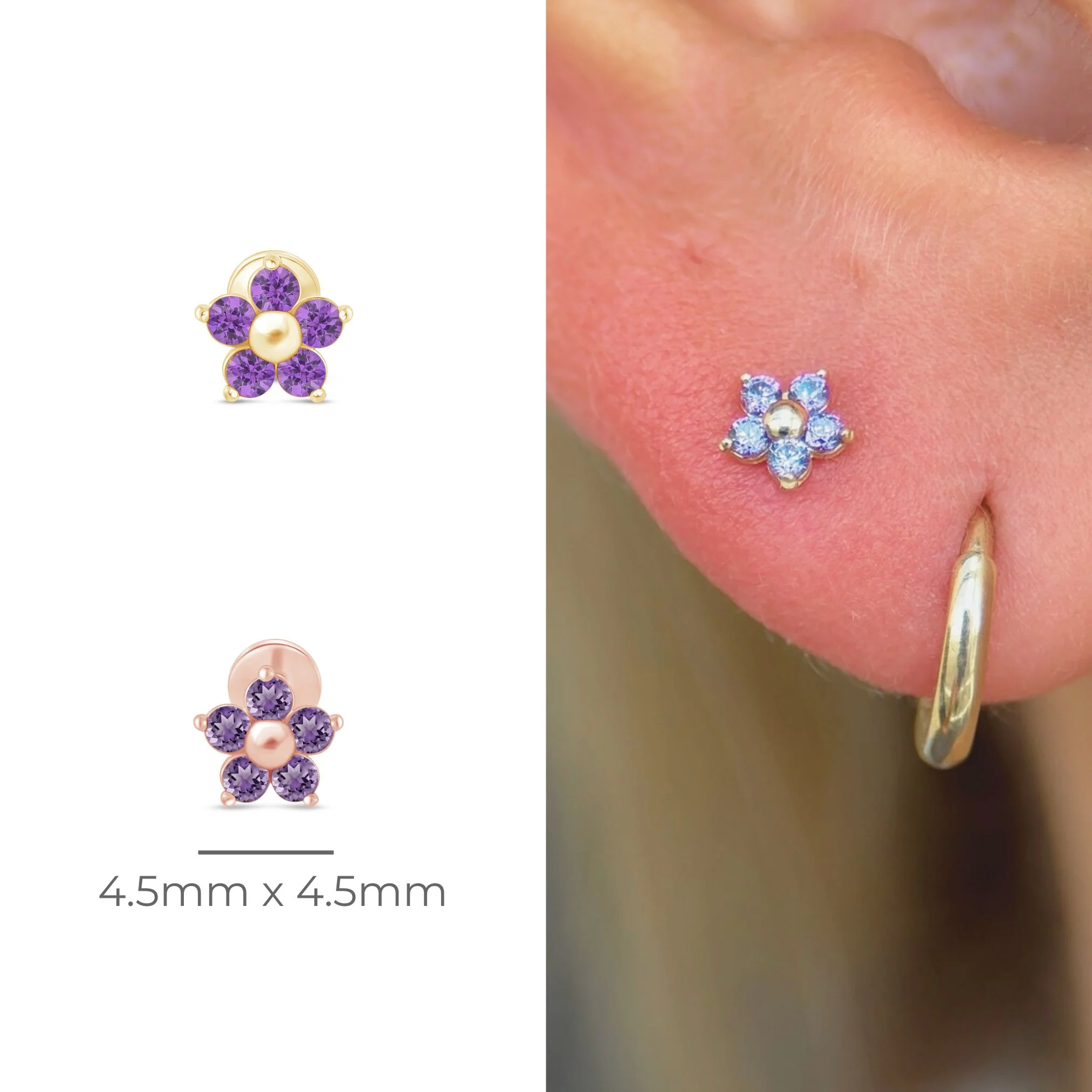 Rose Gold Amethyst Flower Threaded Flat Back Earring - Image 11