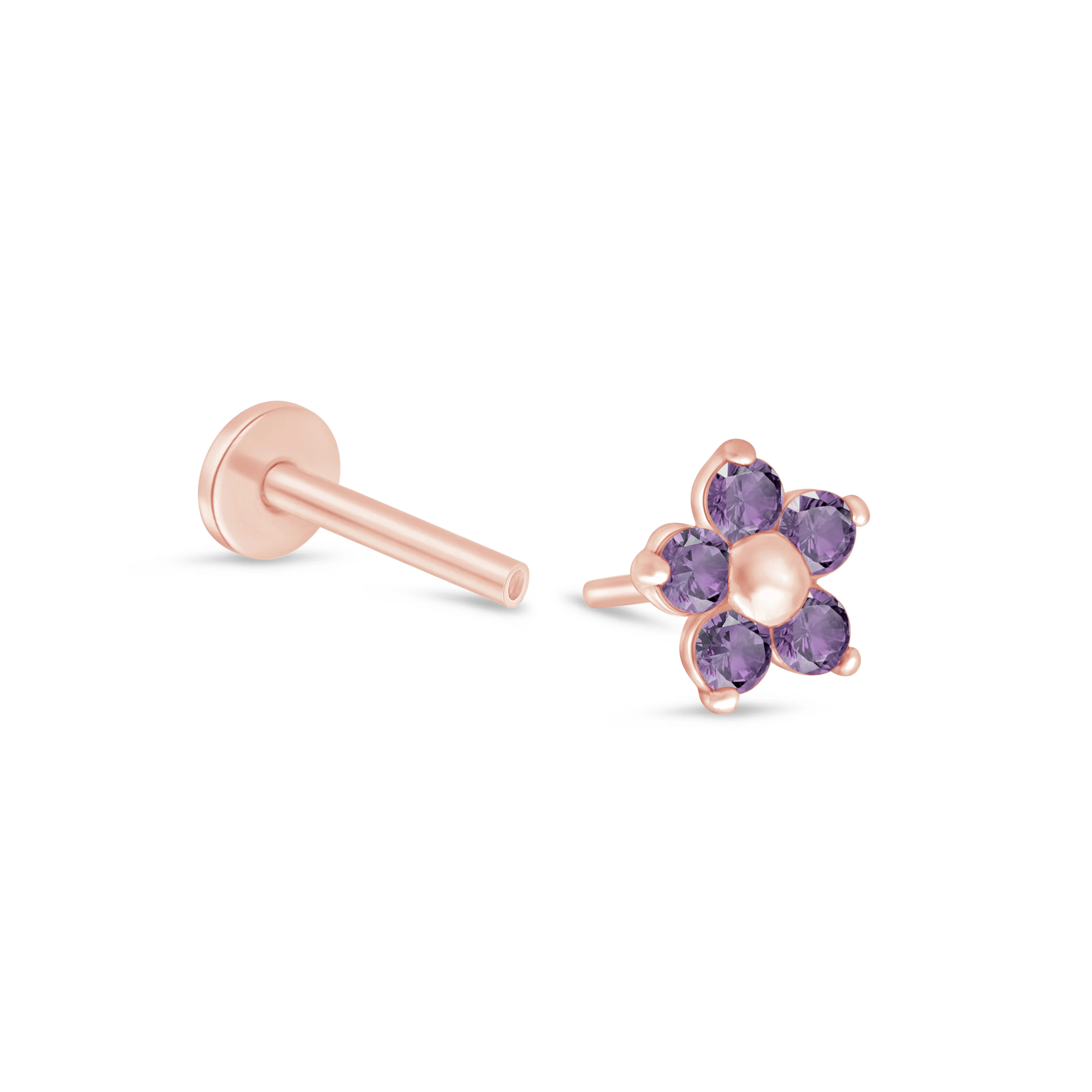 Rose Gold Amethyst Flower Threaded Flat Back Earring - Image 12