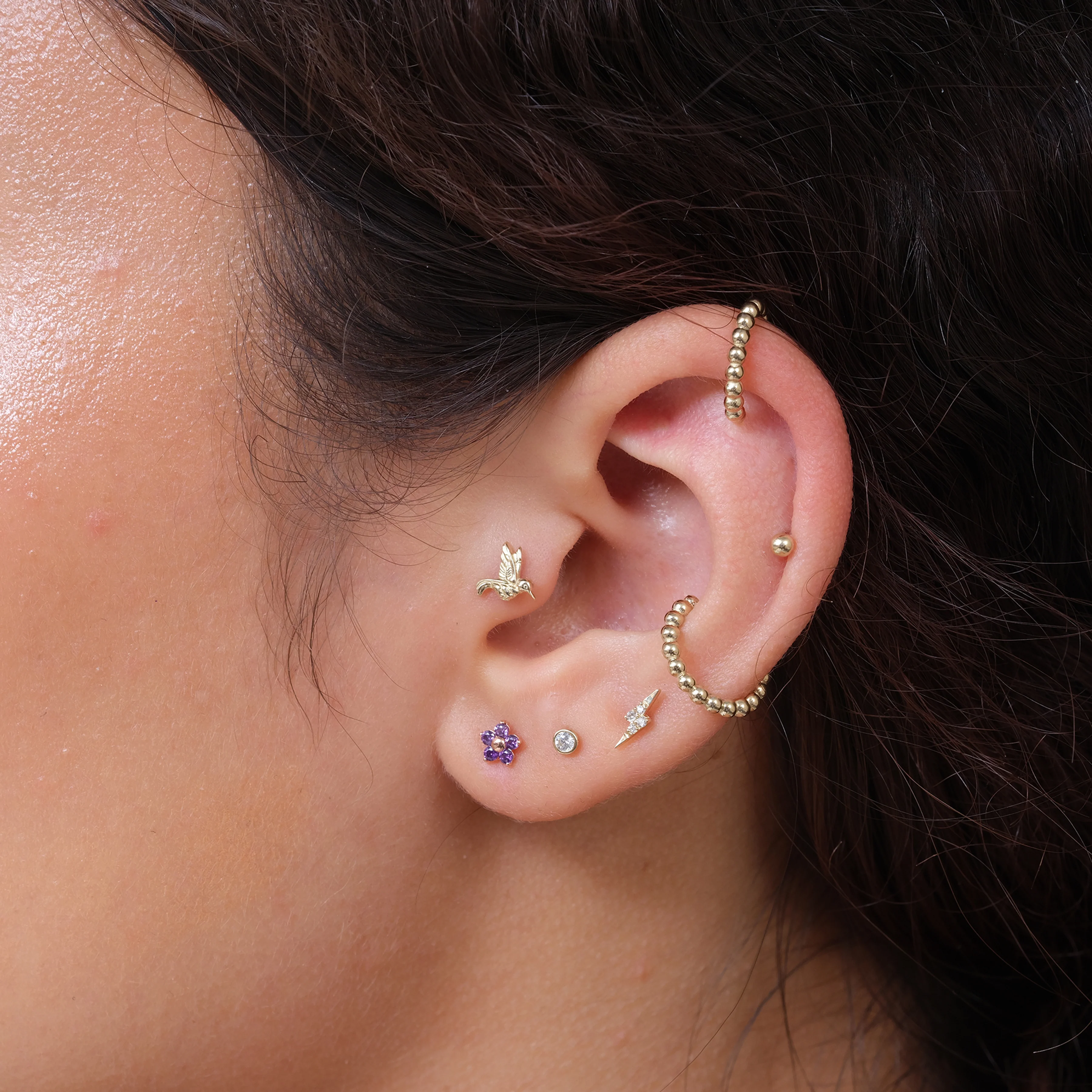 Rose Gold Amethyst Flower Threaded Flat Back Earring - Image 3