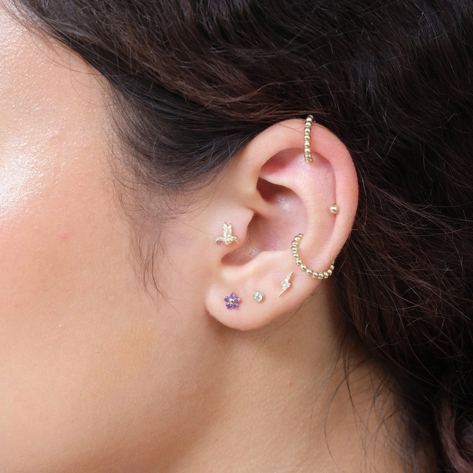 Rose Gold Amethyst Flower Threaded Flat Back Earring - Image 5