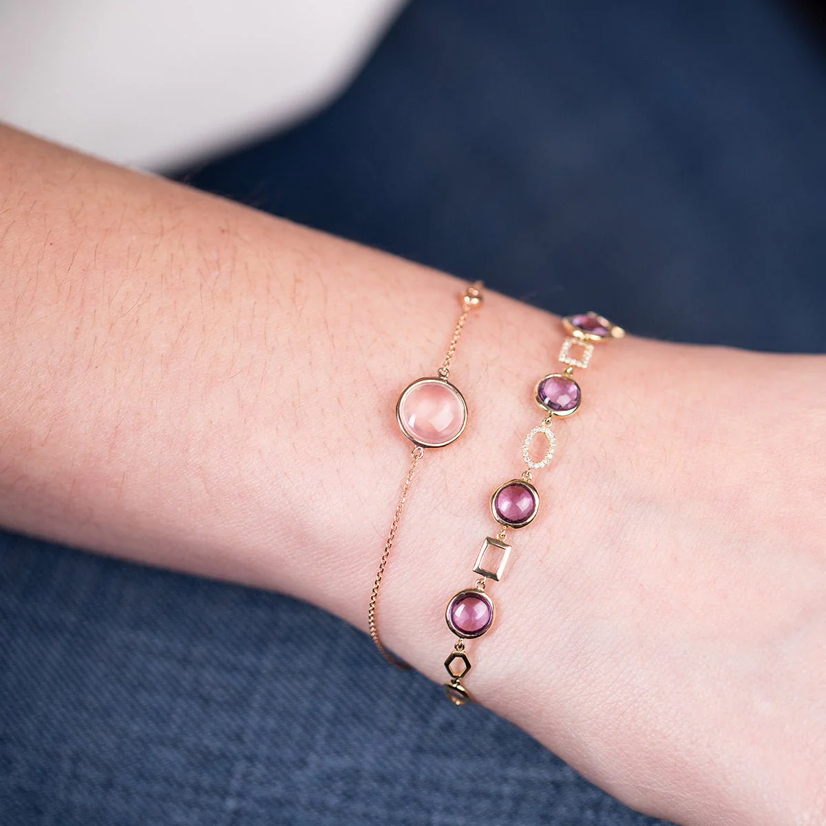 Amethyst and Geometric Diamond Link Bracelet in Solid 14k Yellow Gold - Image 2