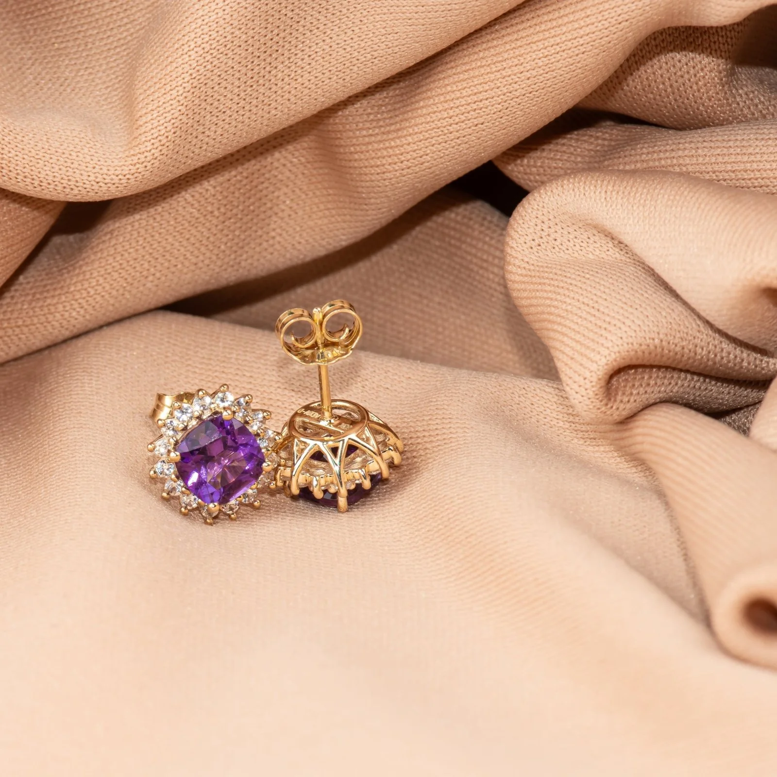 Yellow Gold Amethyst Sapphire Halo Stud - Image 4