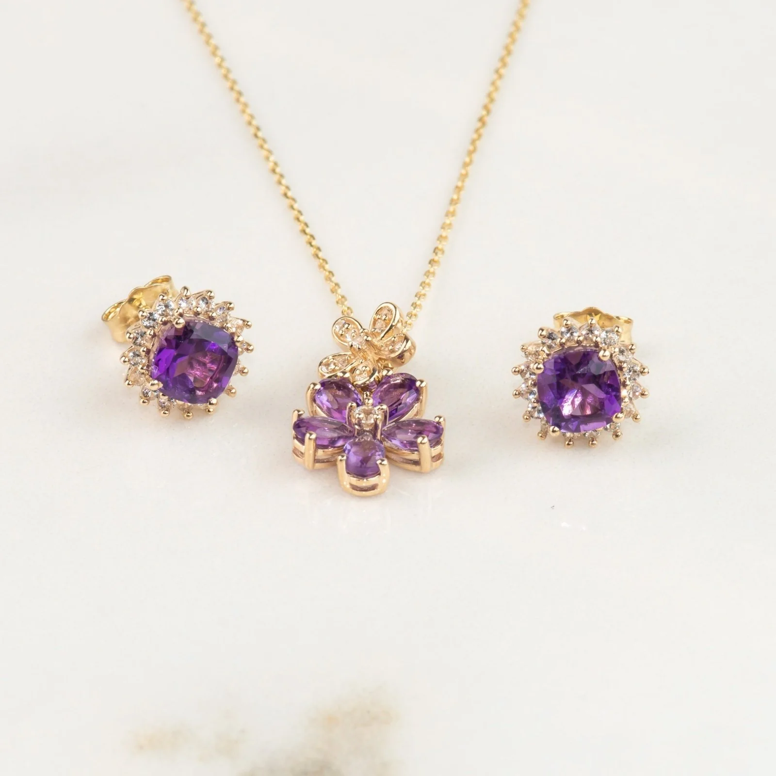 Yellow Gold Amethyst Sapphire Halo Stud - Image 5