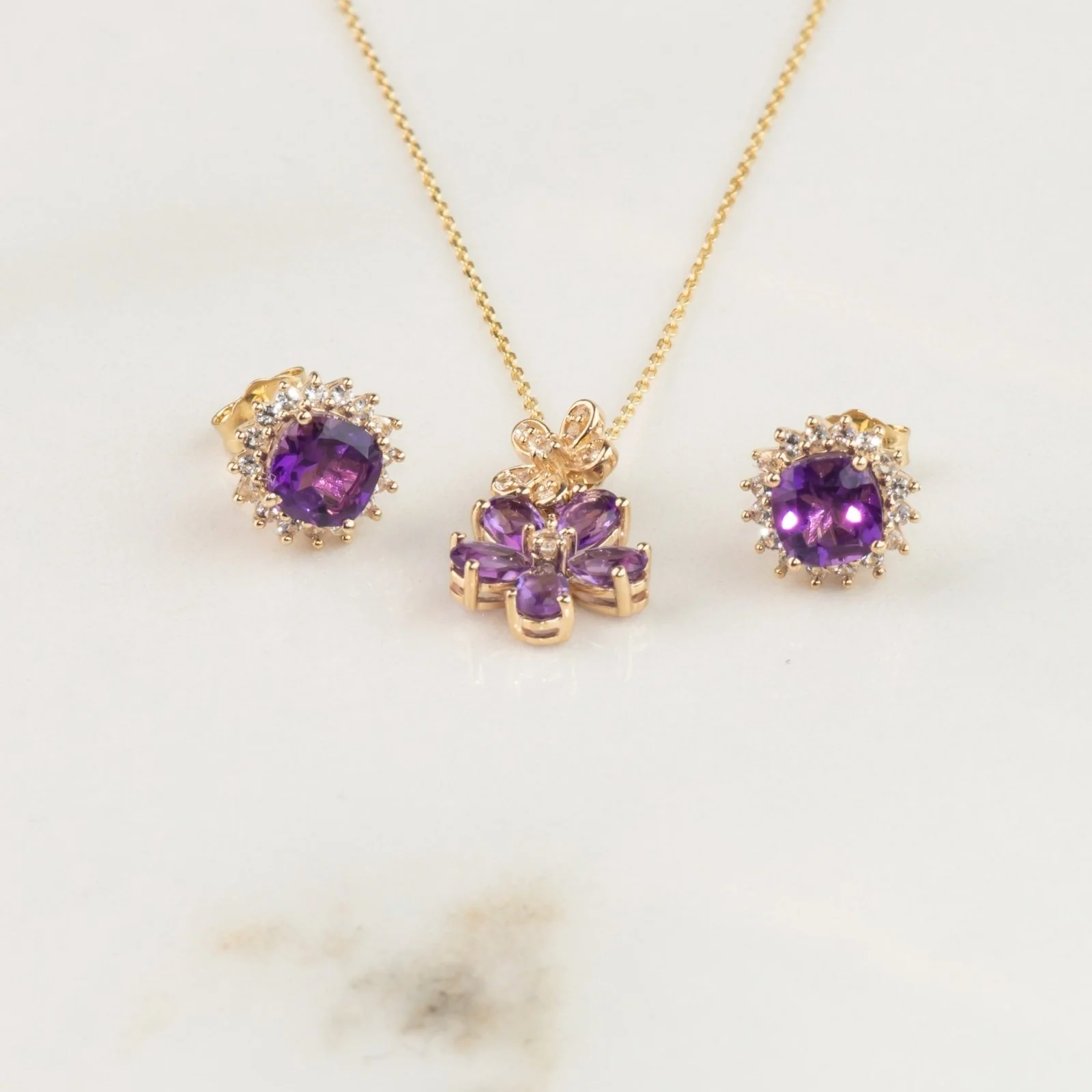 Yellow Gold Amethyst Sapphire Halo Stud - Image 6