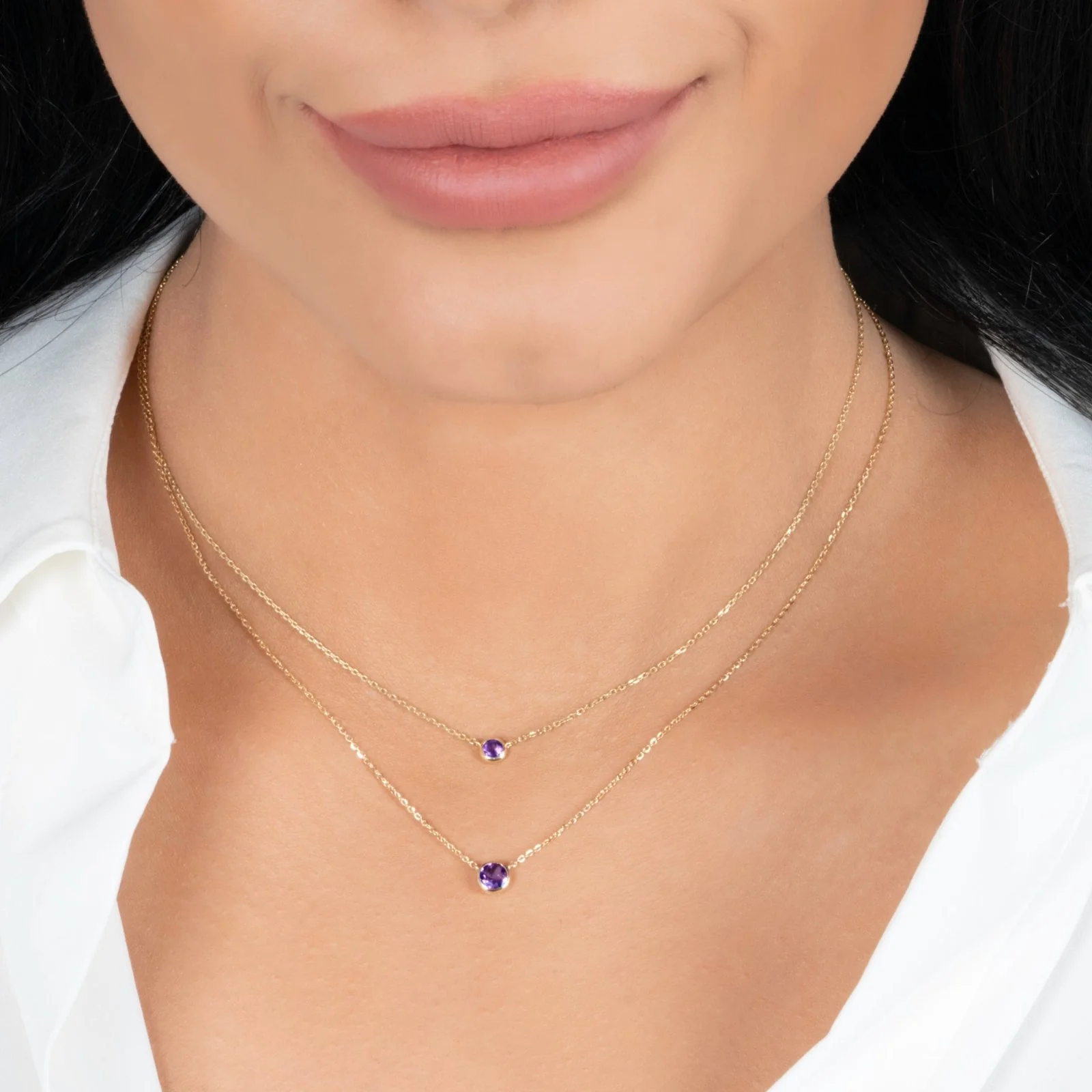 Yellow Gold Amethyst Bezel Station Necklace - Image 3