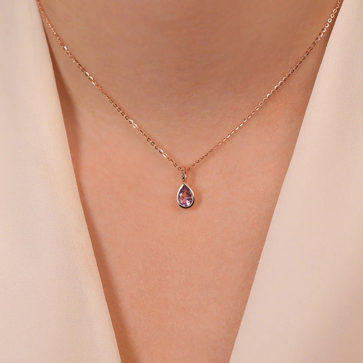 Rose Gold Amethyst Teardrop Pendant Necklace - Image 3