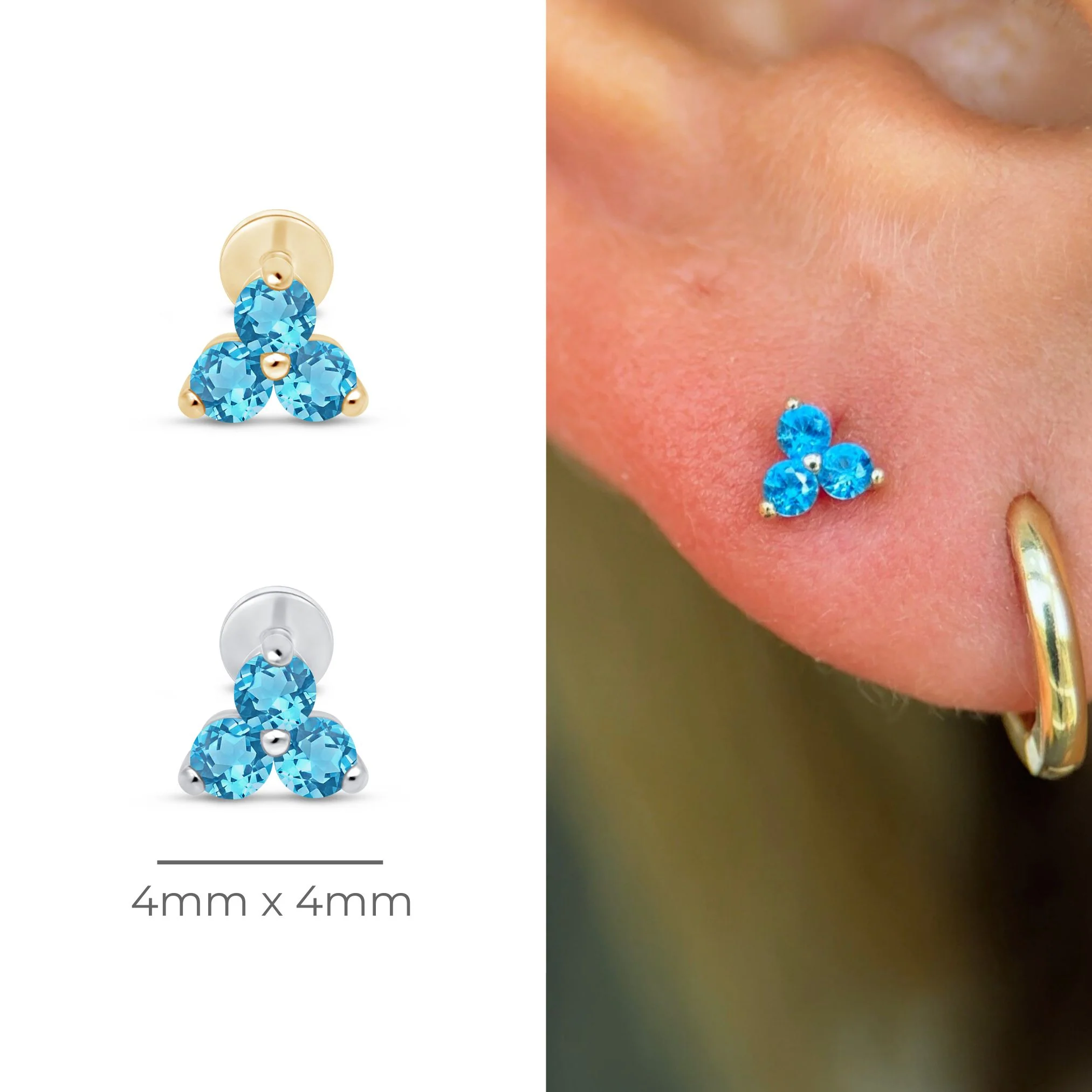 White Gold Aquamarine Trinity Cluster Flat Back Stud - Image 10