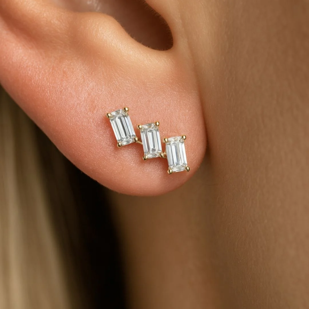 Yellow Gold Baguette Cascade Flat Back Earring - Image 2