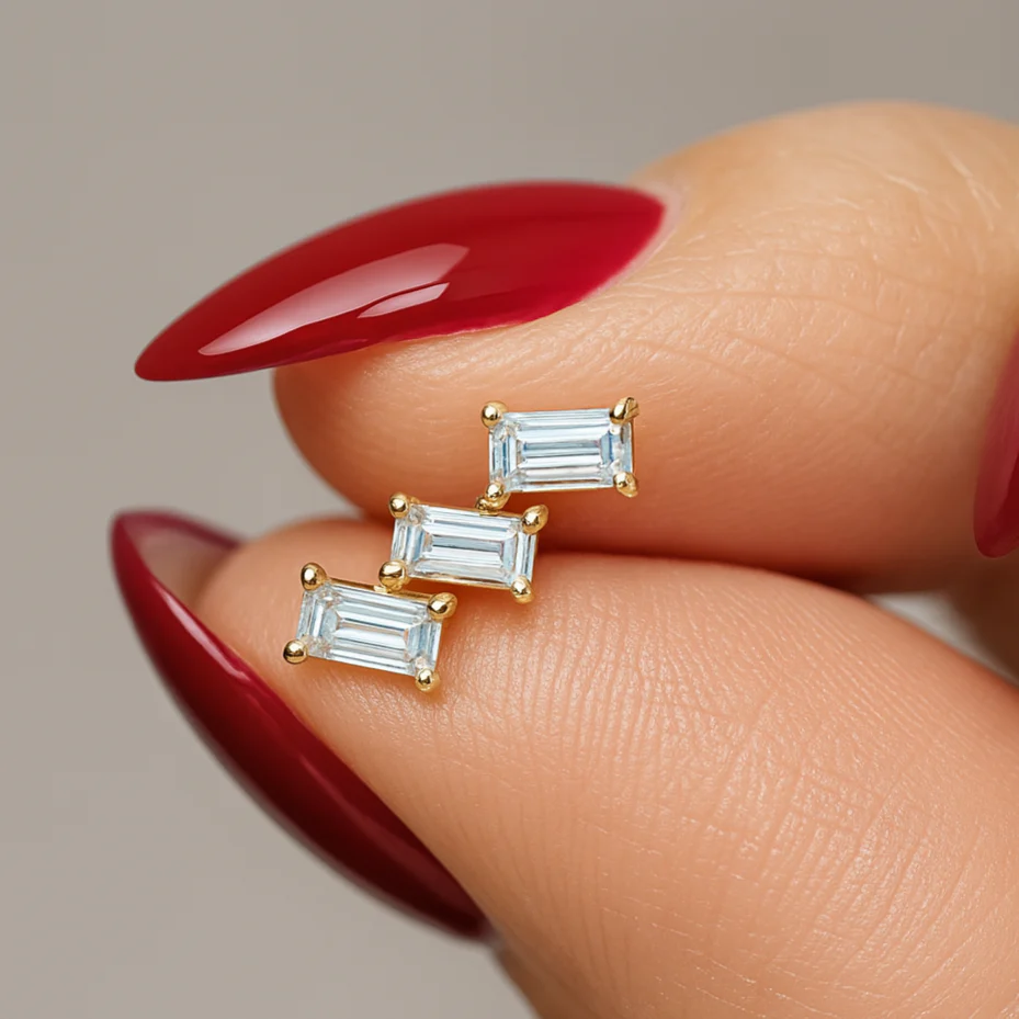 Yellow Gold Baguette Cascade Flat Back Earring - Image 3