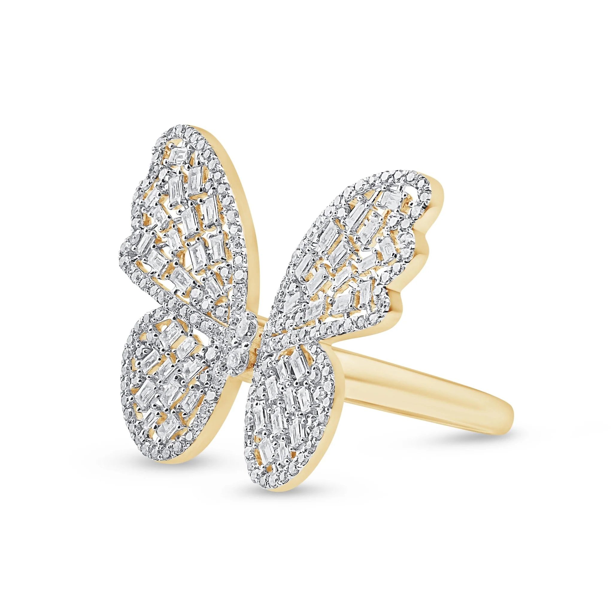 Baguette Diamond Butterfly Ring in Solid 14k Yellow Gold - Image 7