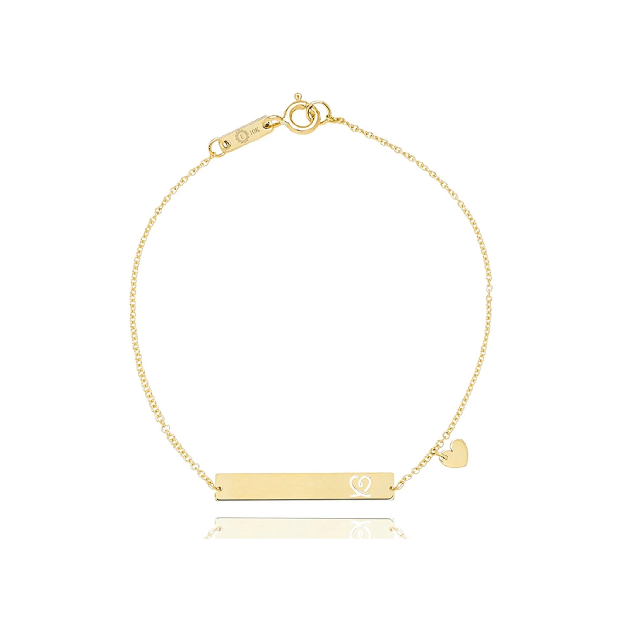 Bar with Engraved Heart Monogram Bracelet in Solid 14k Yellow Gold
