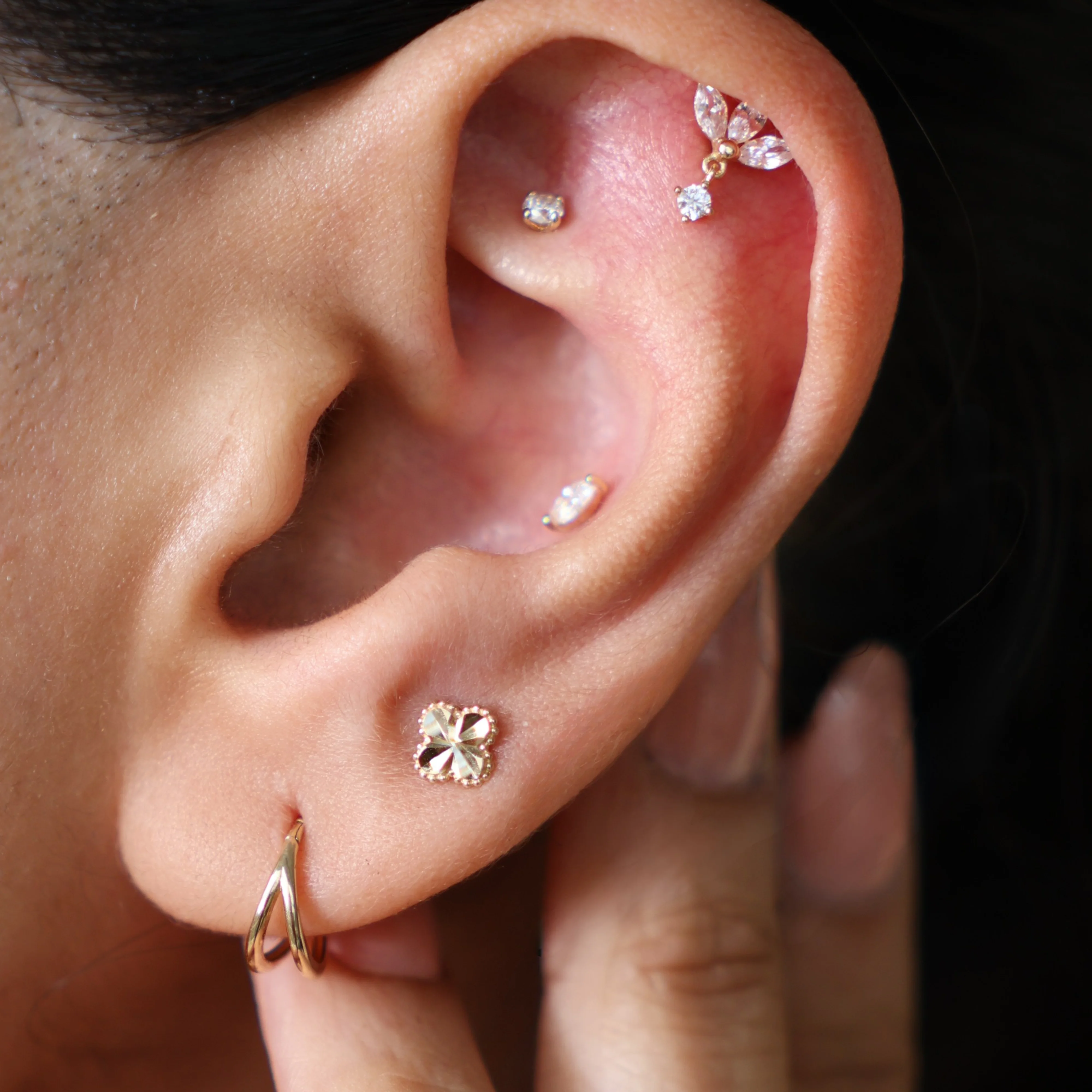 Yellow Gold Triple Marquise Drop Flat Back Earring - Image 5