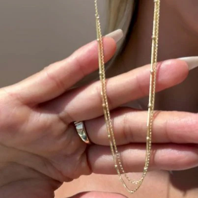Yellow Gold Beaded Cuban Double Layer Necklace - Image 2