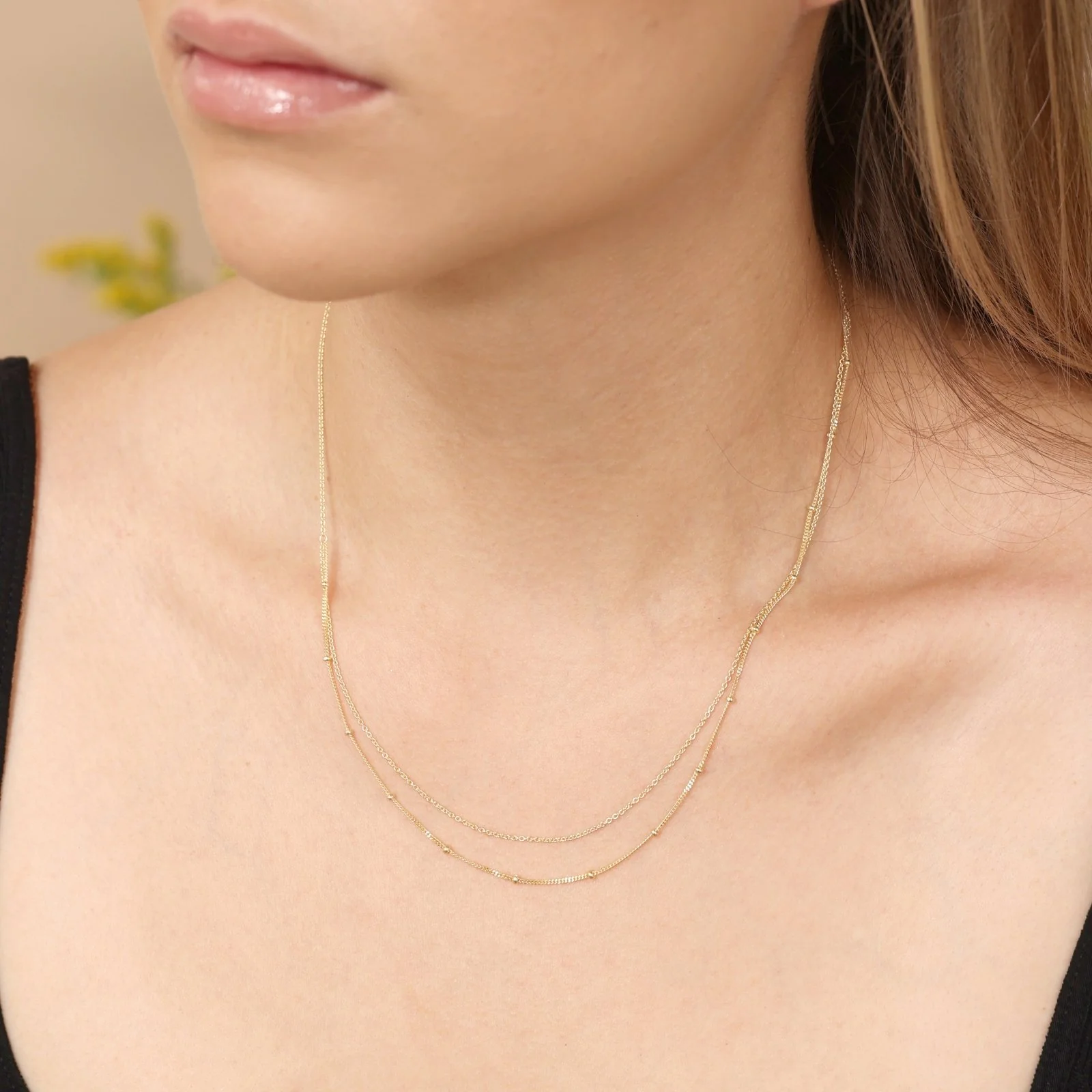 Yellow Gold Beaded Cuban Double Layer Necklace - Image 4