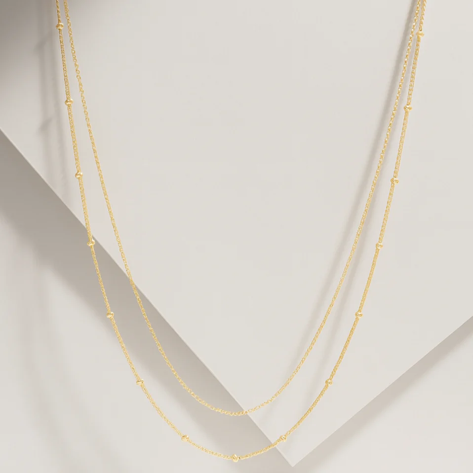 Yellow Gold Beaded Cuban Double Layer Necklace - Image 5