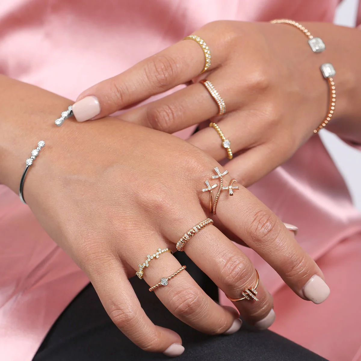 Beaded Diamond Two-Tone Eternity Ring in Solid 14k White Gold and Rose Gold - Image 2