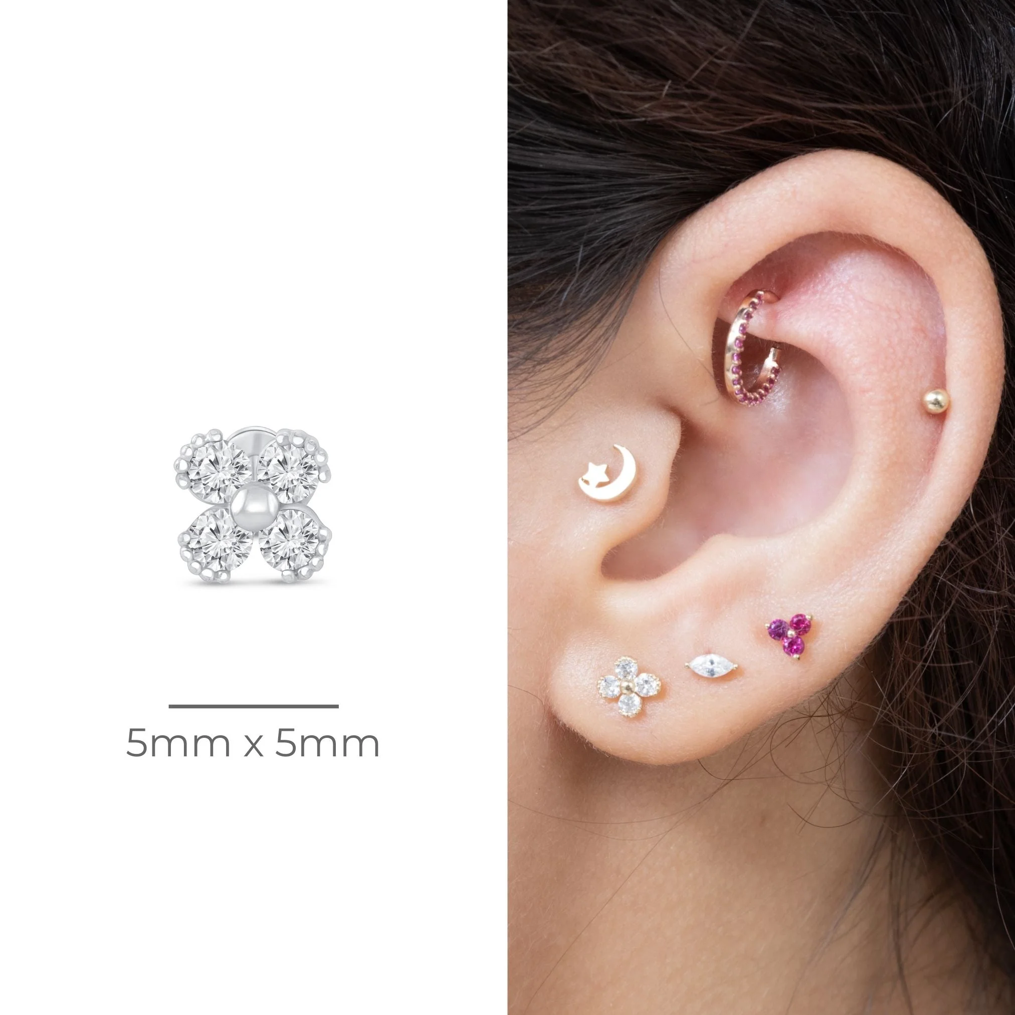 White Gold Diamond Four Petal Flower Flat Back Earring - Image 10