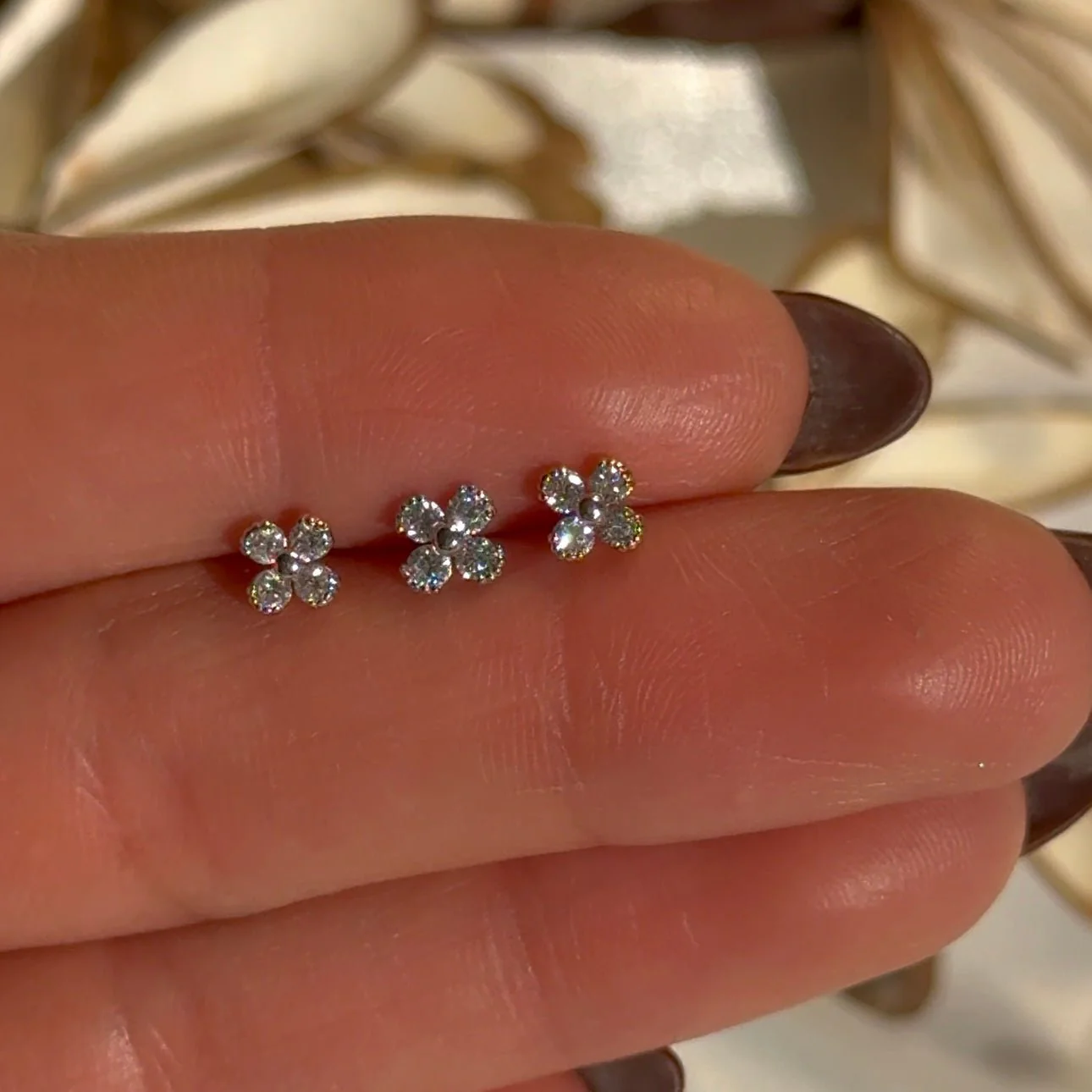 White Gold Diamond Four Petal Flower Flat Back Earring - Image 4