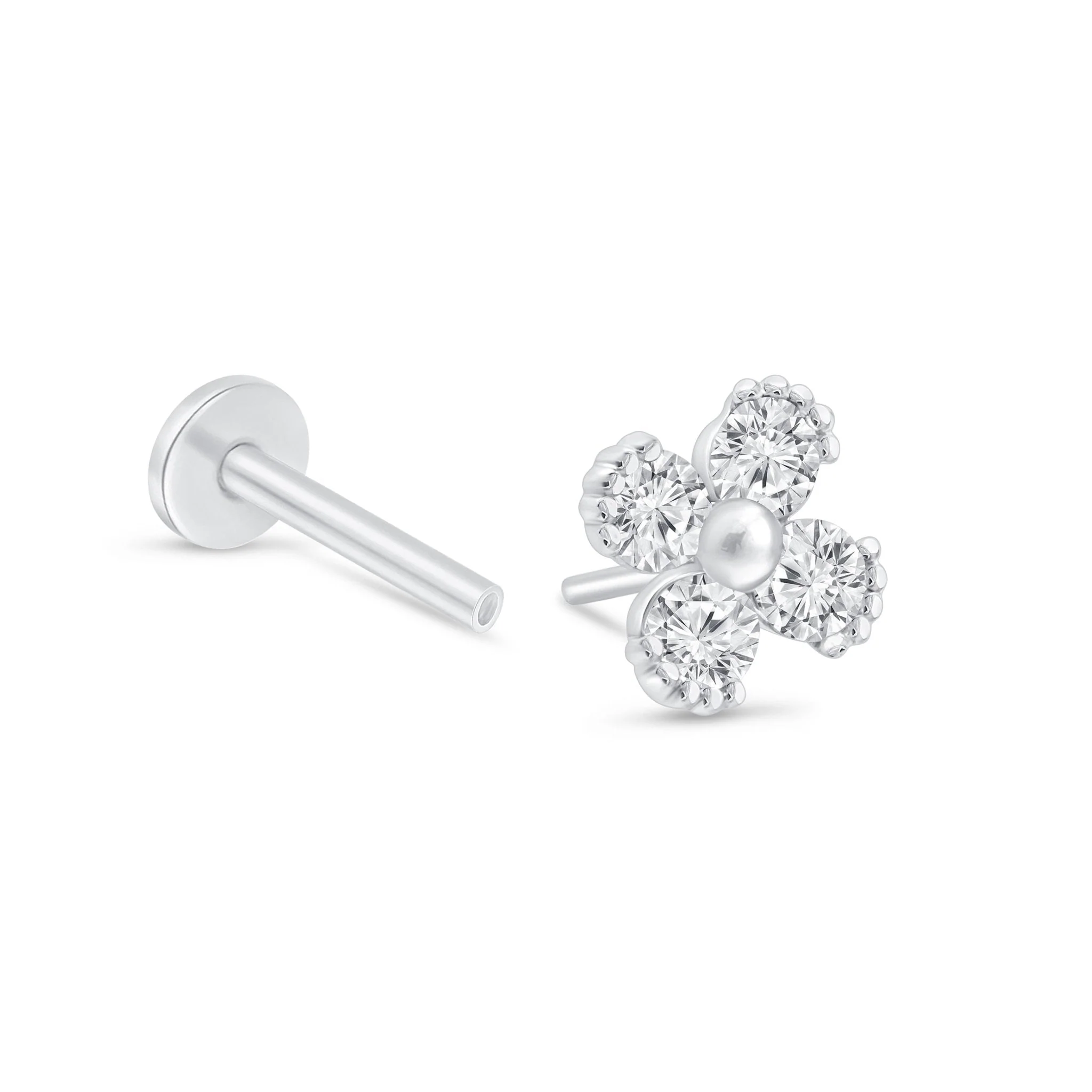White Gold Diamond Four Petal Flower Flat Back Earring - Image 8