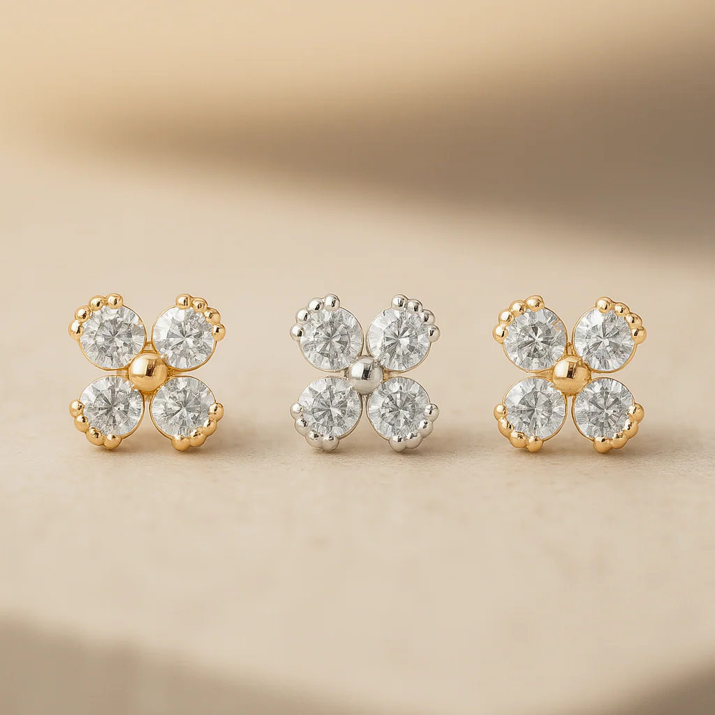 White Gold Diamond Four Petal Flower Flat Back Earring - Image 9