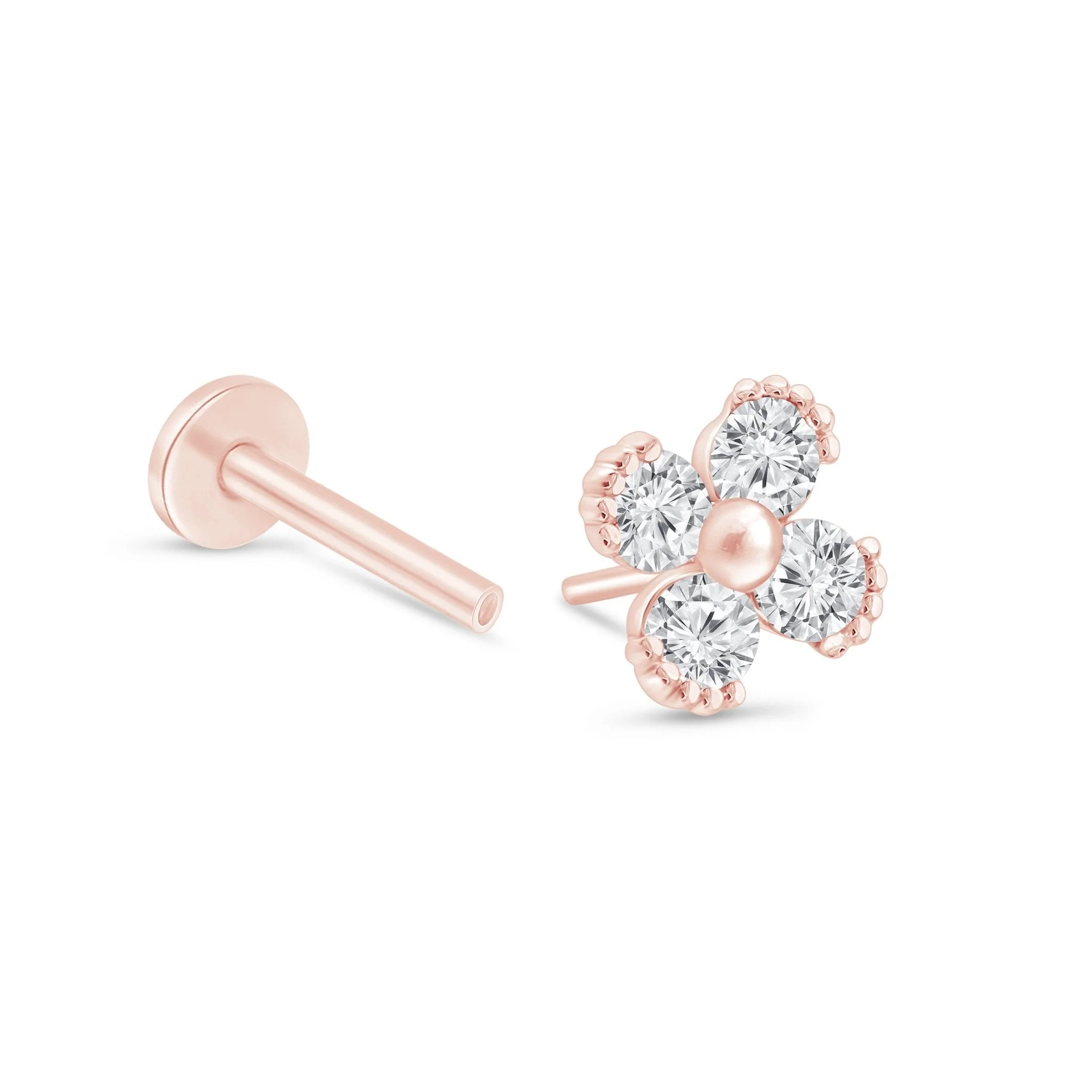 Rose Gold Diamond Four Petal Flower Flat Back Earring - Image 5